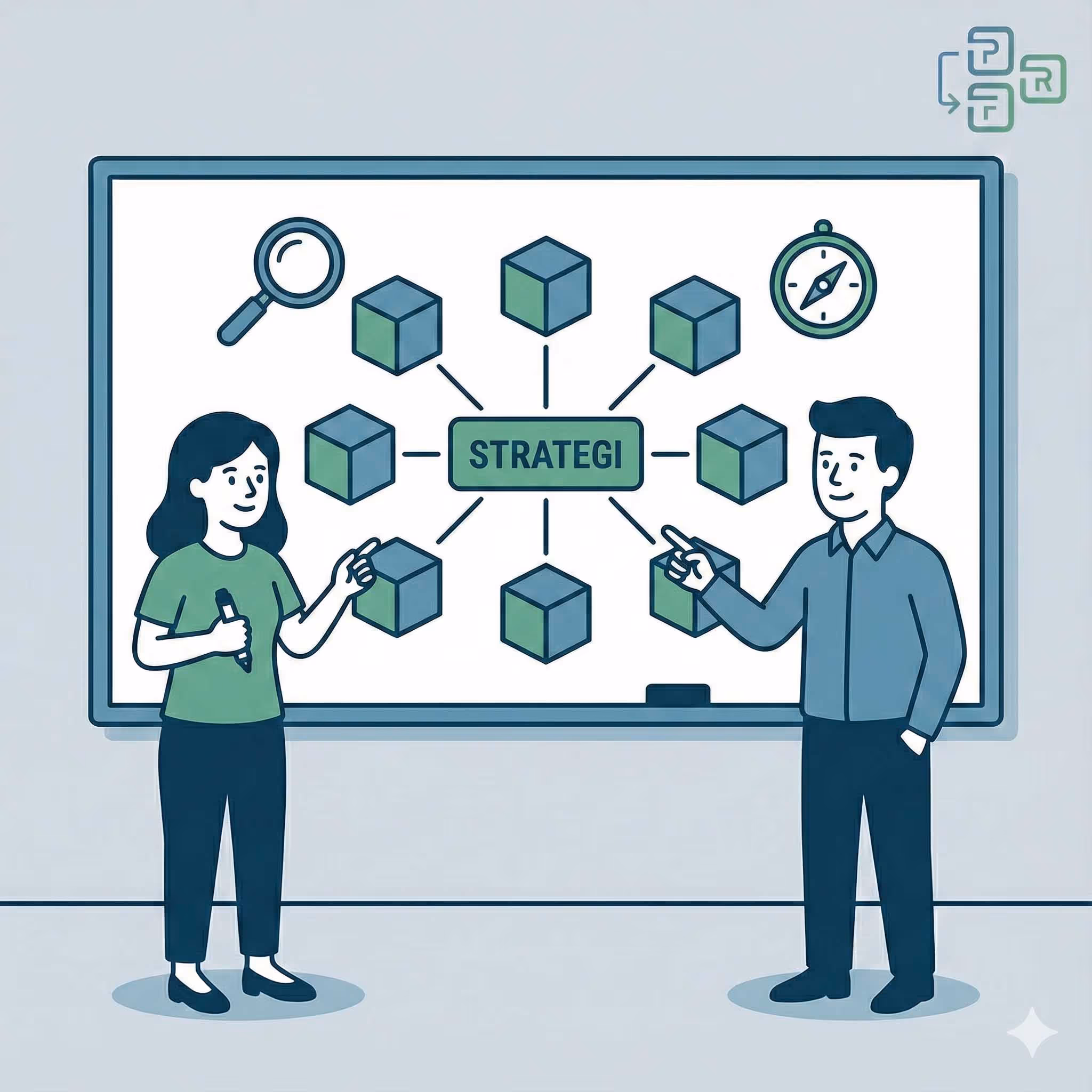 Illustration of a man and woman discussing a strategy diagram on a whiteboard with cubes connected to the word 'STRATEGI'.