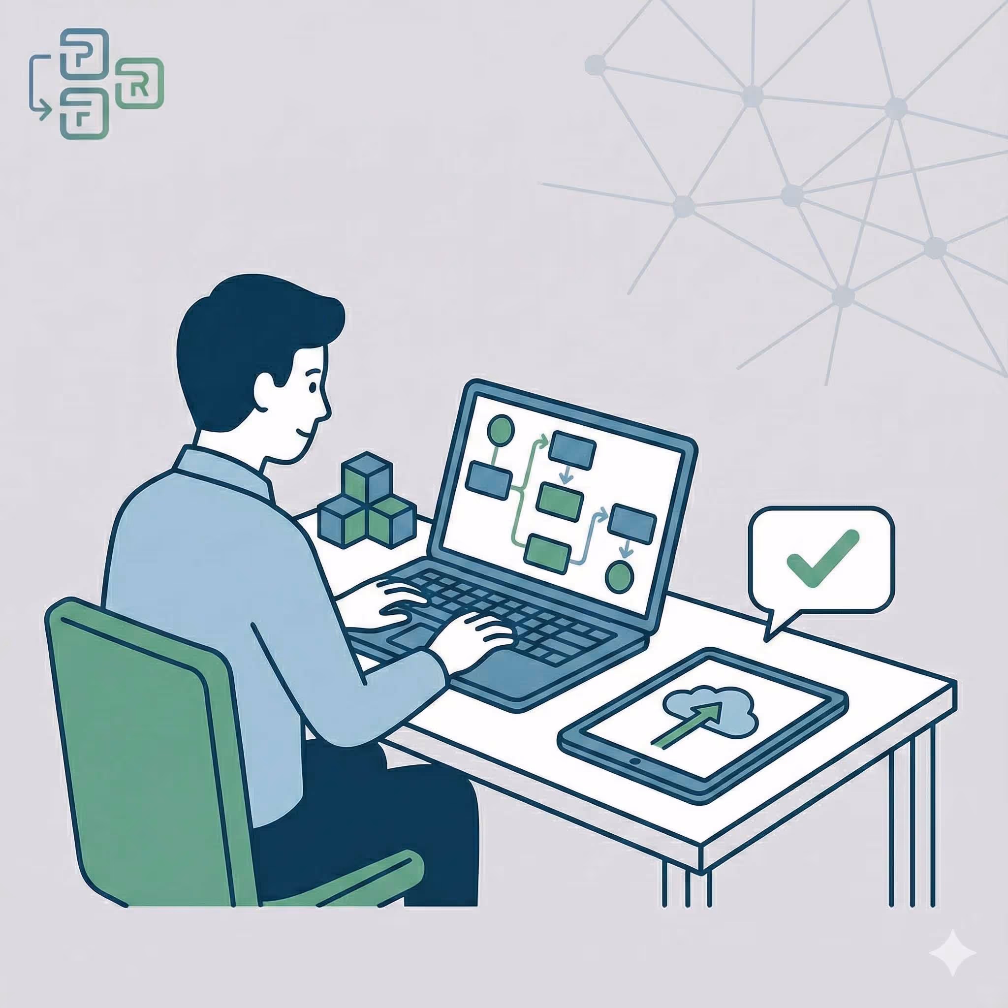 Illustration of a person sitting at a desk working on a laptop with a flowchart on screen and a tablet showing a cloud upload icon with a checkmark.