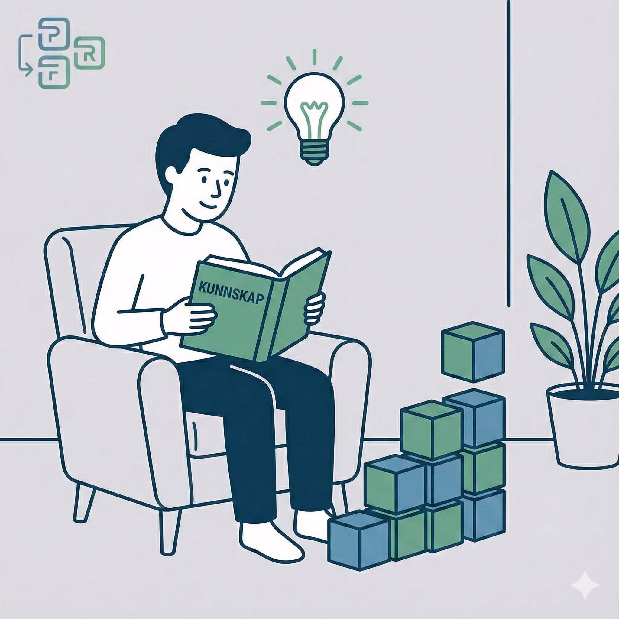 Illustration of a person sitting in a chair reading a book titled 'KUNNSKAP' with a glowing light bulb above and stacked green and blue blocks nearby.