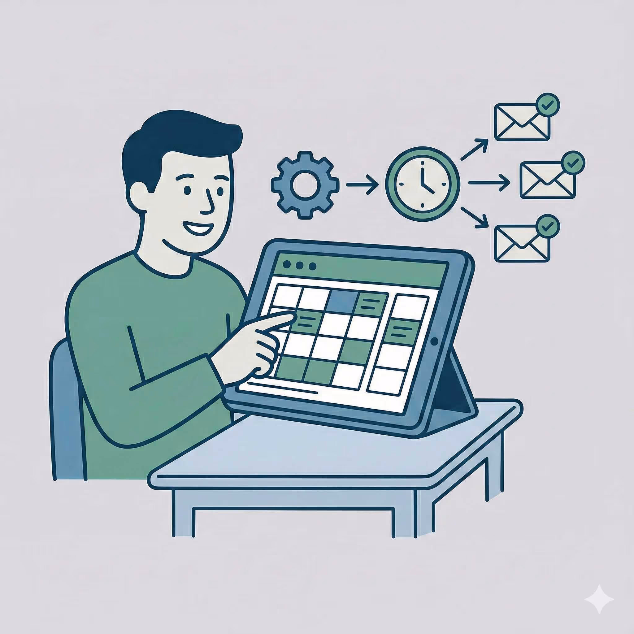 Person using a tablet displaying a calendar, with icons of a gear, clock, and checked envelopes indicating automated scheduled email sending.