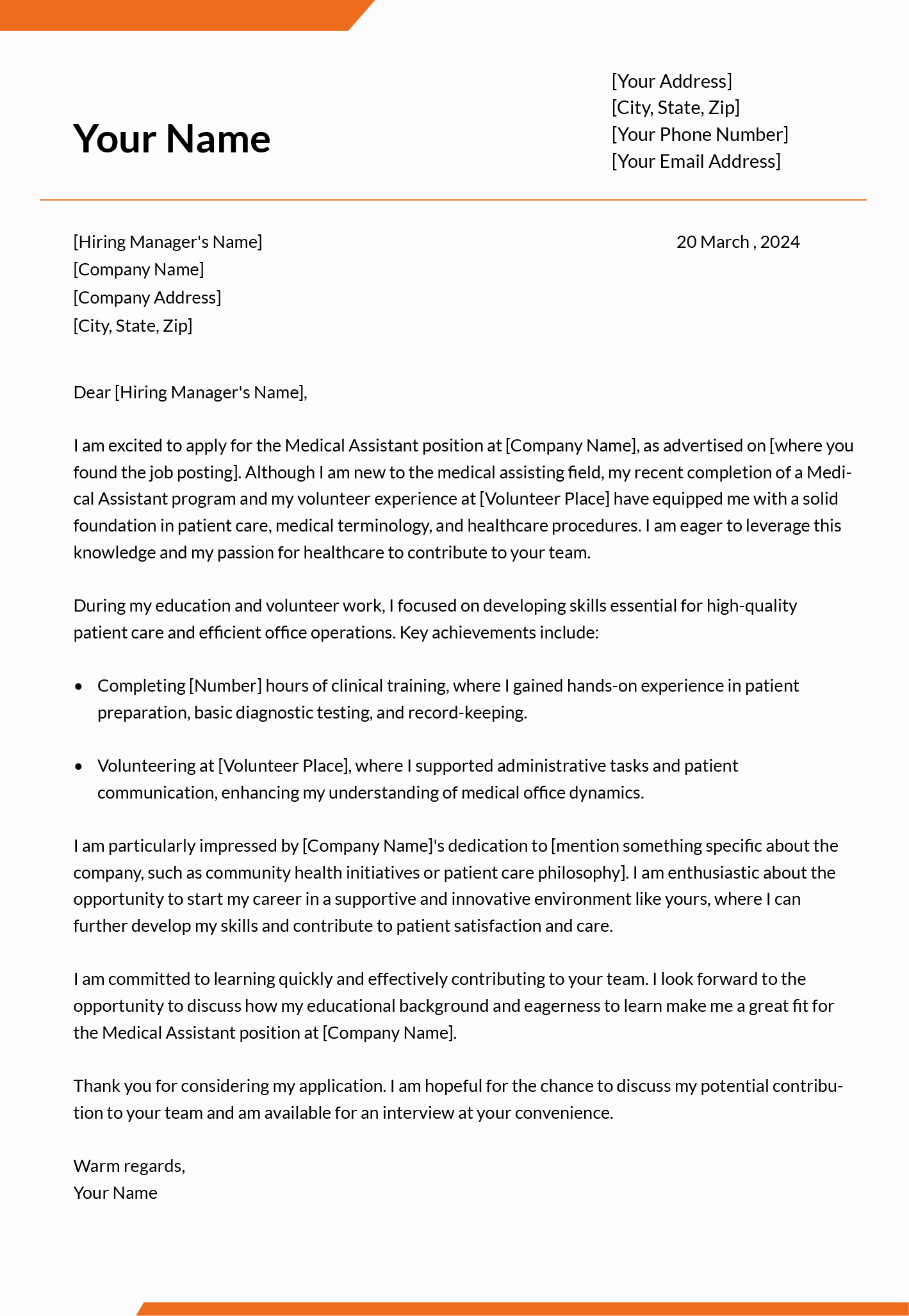 A sample of best quality medical assistant cover letter template