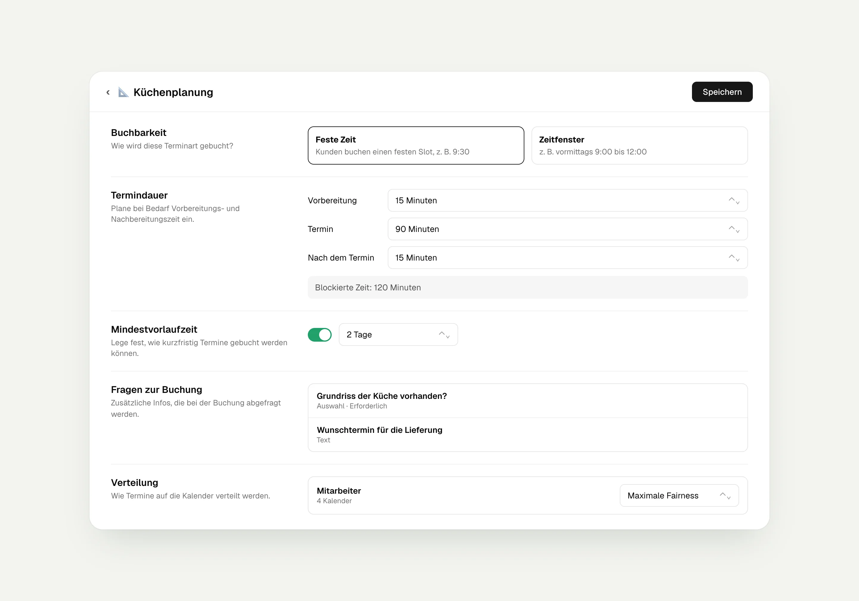 Einstellungen der Terminart Küchenplanung in hellomateo mit Dauer, Vor- und Nachbereitungszeit, Mindestvorlauf, Fragen zur Buchung und Verteilung