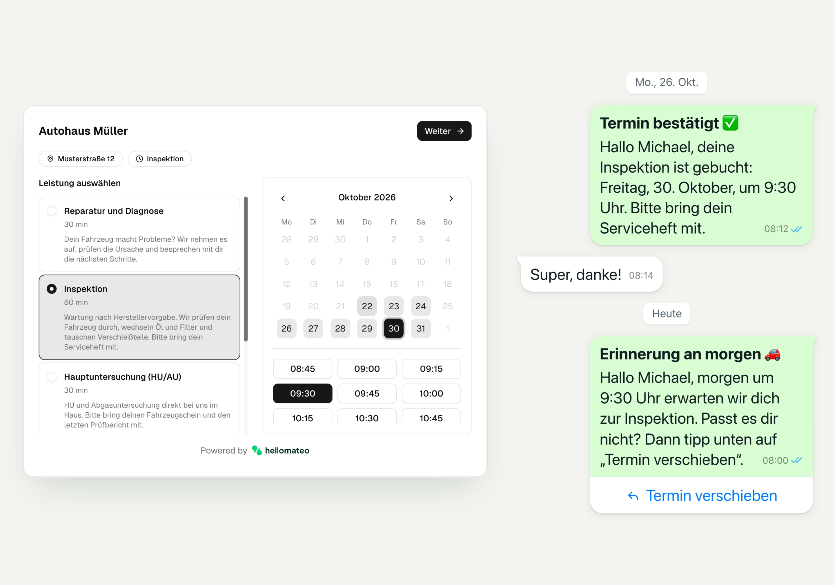 Buchungsseite eines Autohauses mit gewählter Inspektion und Uhrzeit, daneben Terminbestätigung und Erinnerung am Vortag per WhatsApp