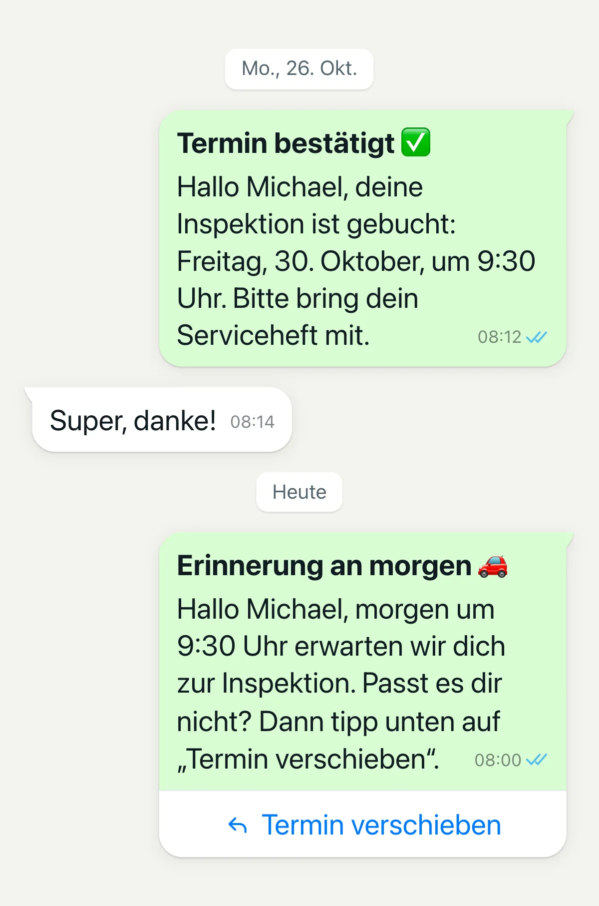 Terminbestätigung und Erinnerung am Vortag per WhatsApp mit Knopf zum Verschieben