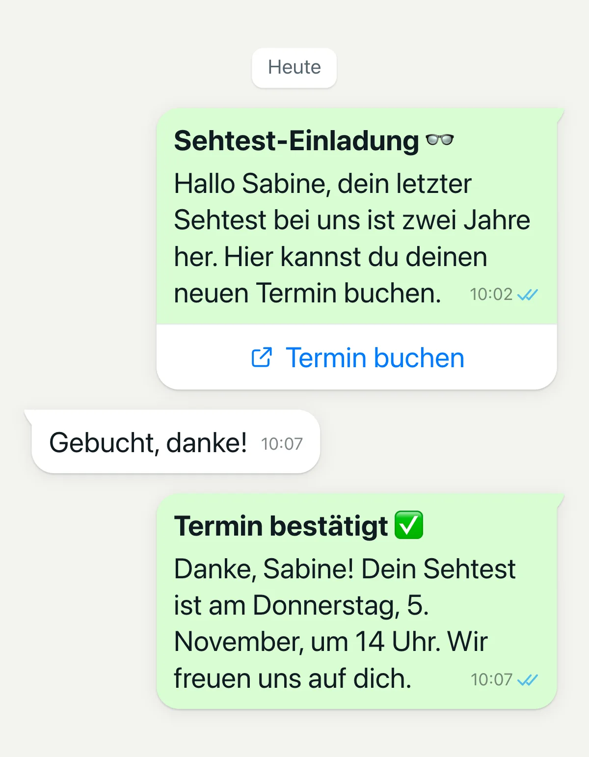 Sehtest-Einladung per WhatsApp mit Knopf zur Buchungsseite und anschließender Terminbestätigung