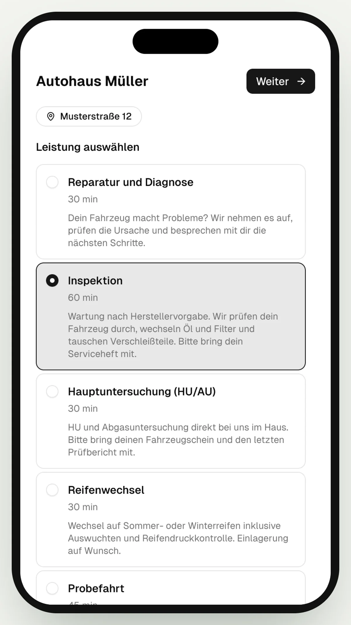 Buchungsseite von hellomateo am Handy mit Auswahl der Leistung