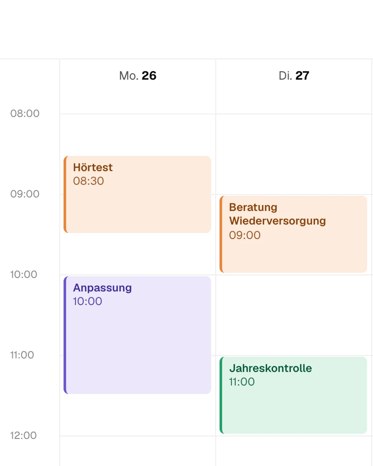 Ausschnitt der Kalenderansicht von hellomateo mit Terminen am Montag und Dienstag