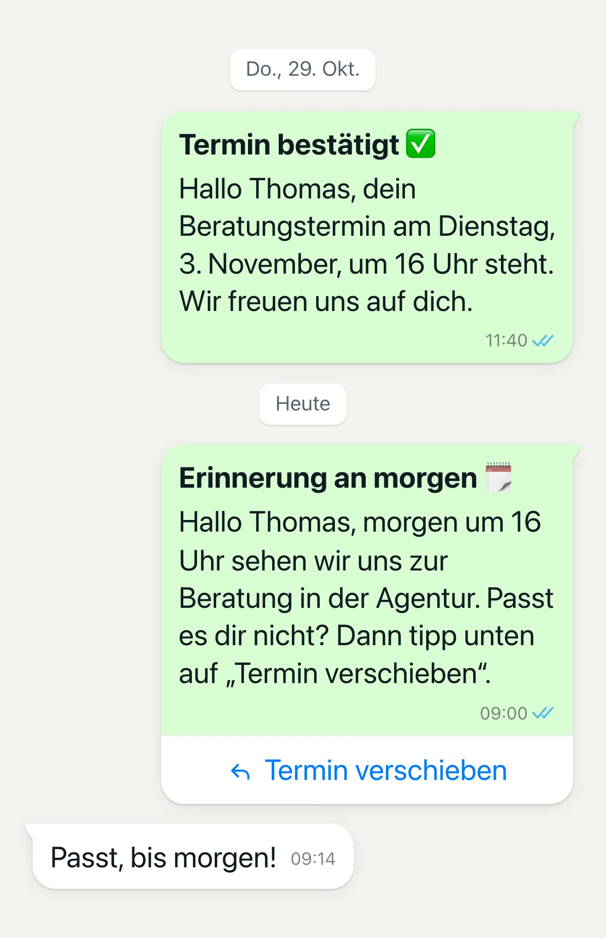 Terminbestätigung und Erinnerung am Vortag per WhatsApp mit Knopf zum Verschieben und Antwort des Kunden