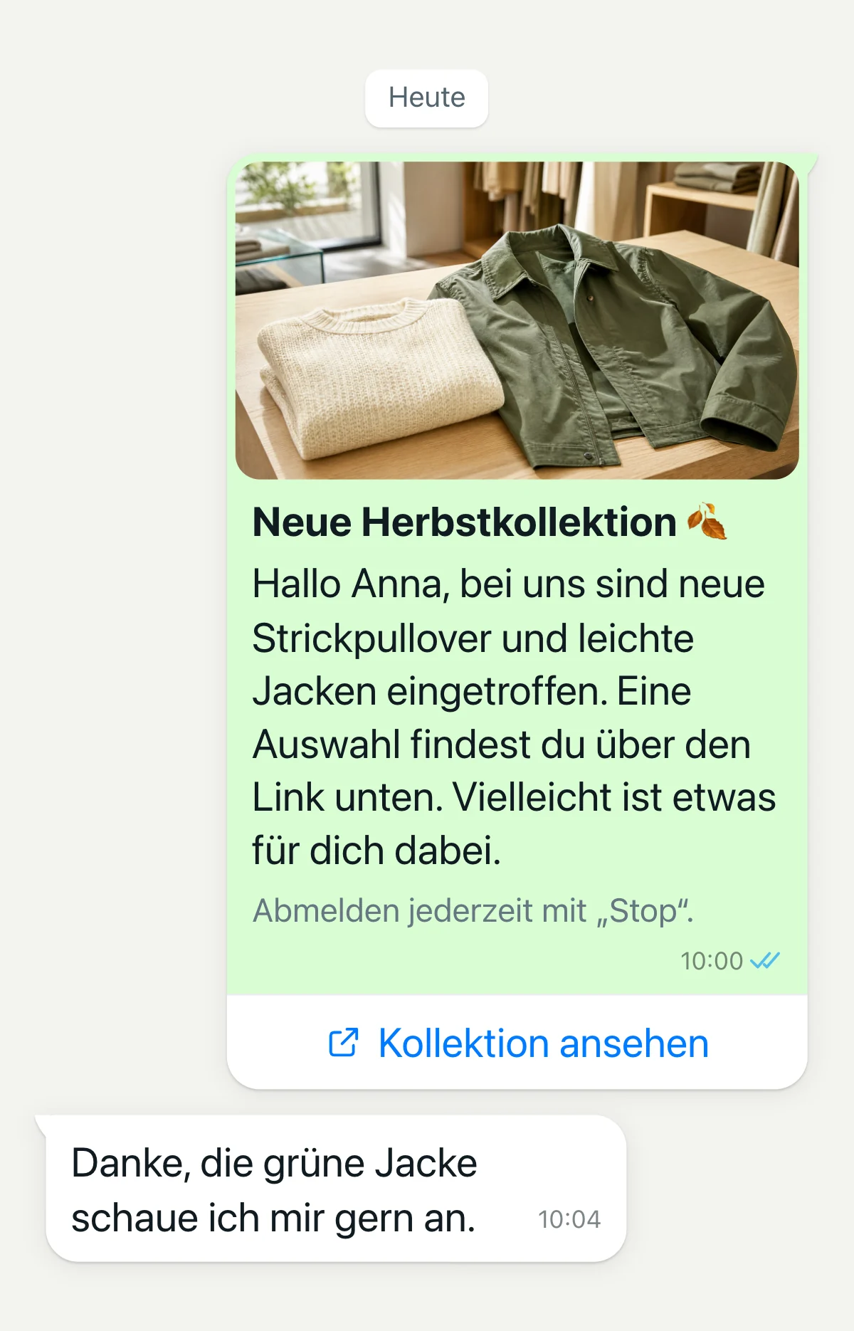 Personal WhatsApp newsletter from a fashion store with a collection image, first name greeting, a button to the collection and a customer reply