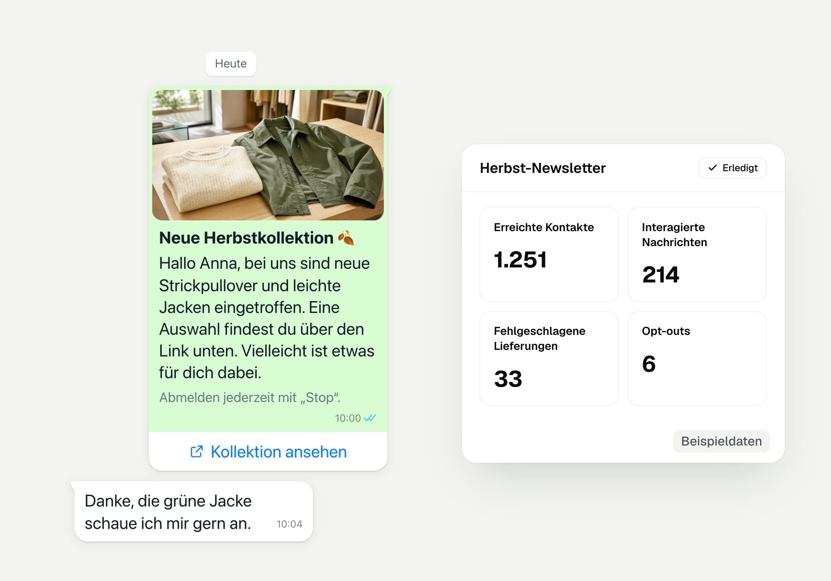 WhatsApp newsletter from a fashion store about the new fall collection with an unsubscribe notice and the campaign report in hellomateo, with sample data