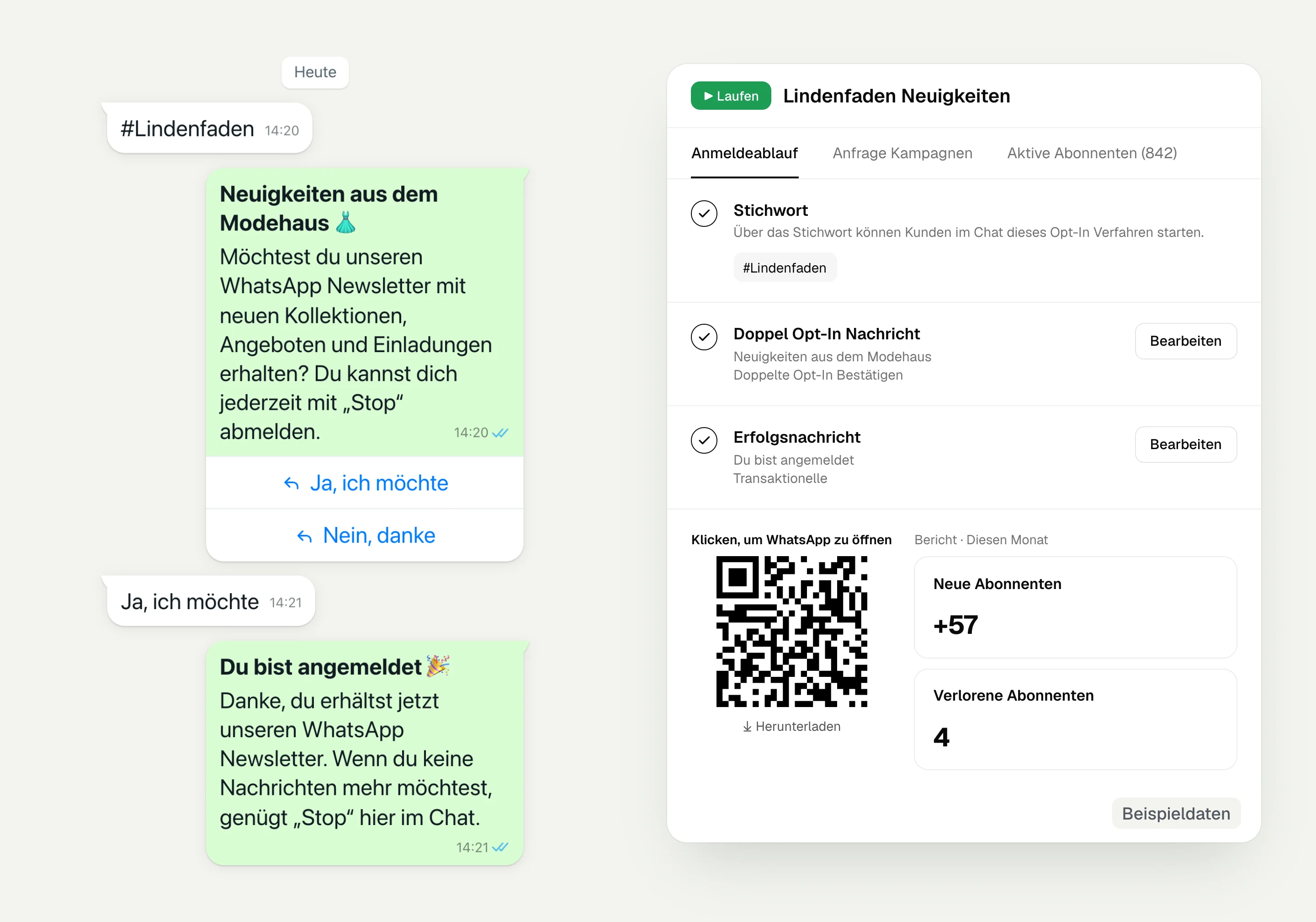 Sign-up to a WhatsApp newsletter by keyword with double opt-in and two reply buttons, next to the opt-in procedure in hellomateo with keyword, QR code and report