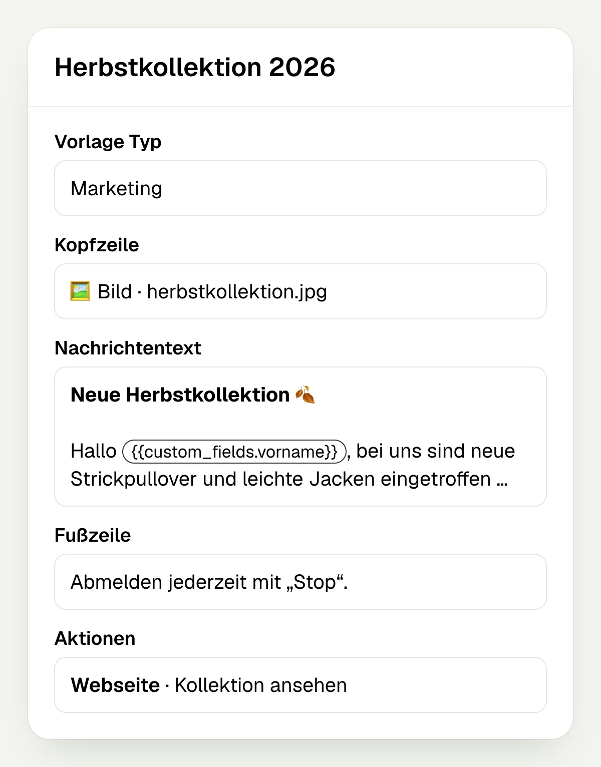 Fields of a message template in hellomateo with an image header, a first name variable, footer and button
