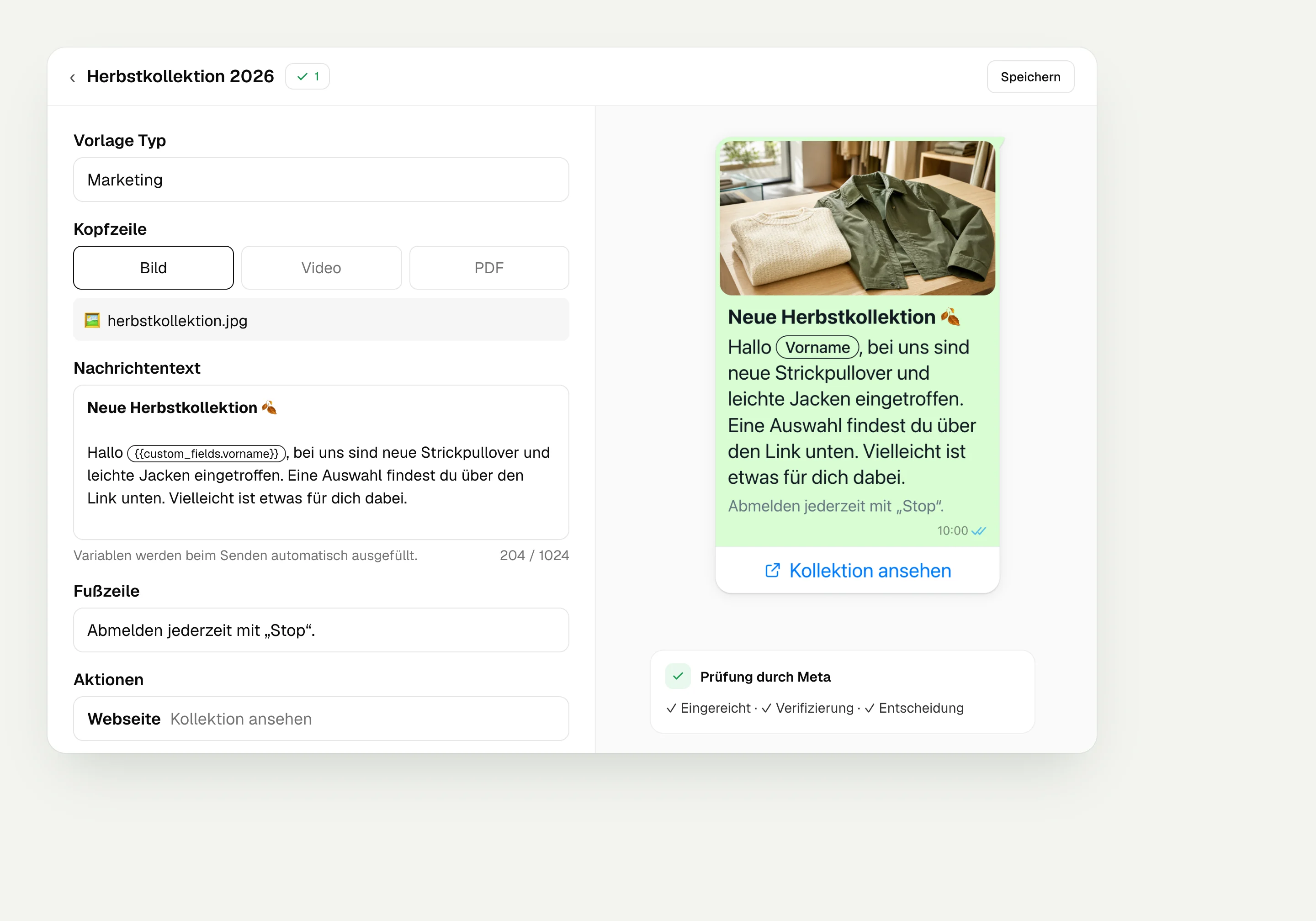 Message template in hellomateo with an image header, a first name variable, footer and a button to the collection, next to the preview