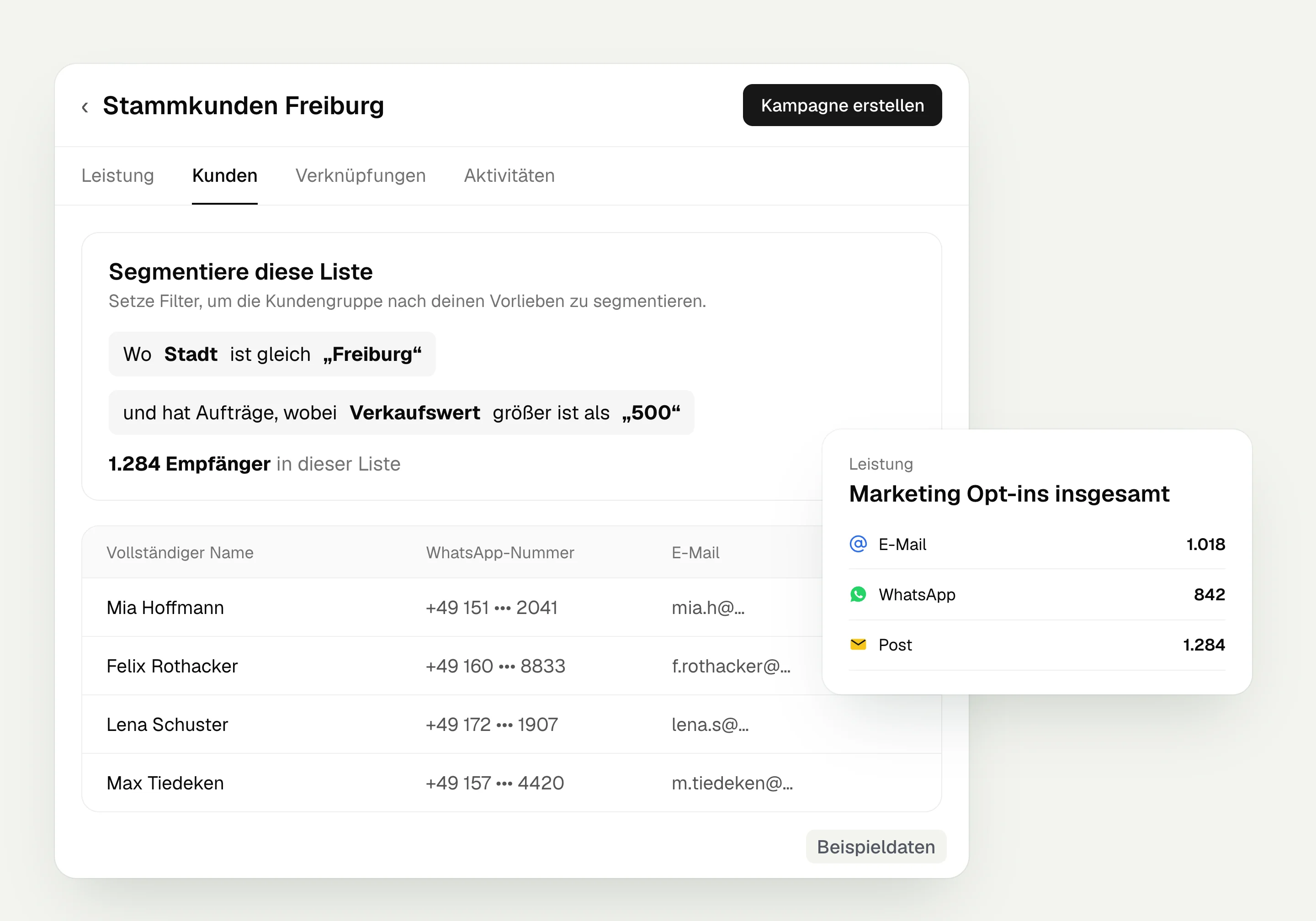 List in hellomateo with filters by city and order, customer table and marketing consents per channel