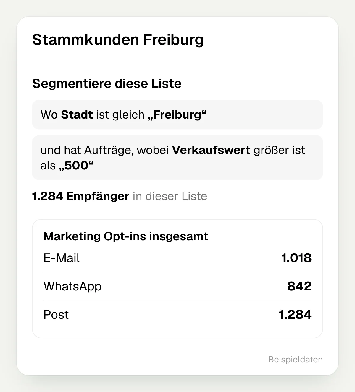 Filter of a list in hellomateo by city and order with the number of recipients and consents per channel