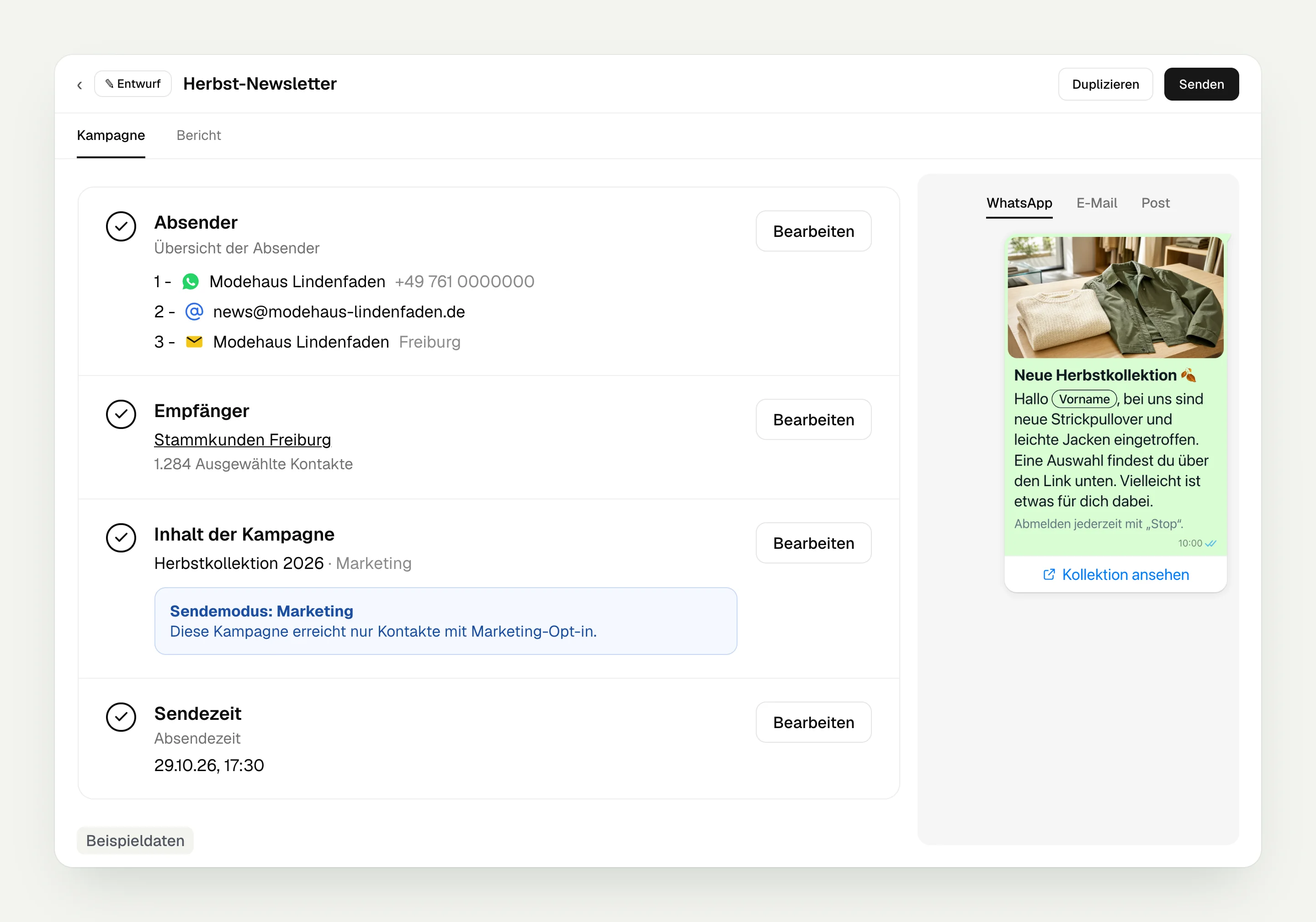 Campaign in hellomateo with senders in the order WhatsApp, email and letter, recipient list, marketing mode, send time and preview