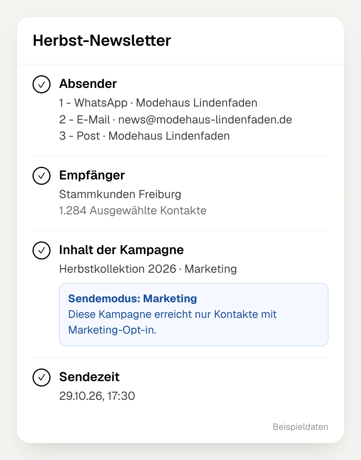 Campaign in hellomateo with senders in the order WhatsApp, email and letter, recipient list, marketing mode and send time