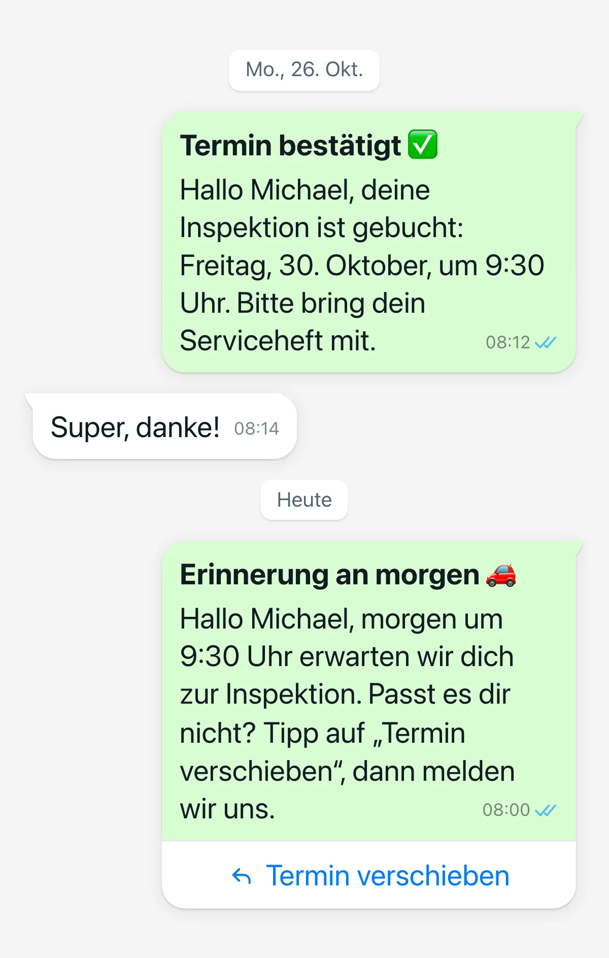 Terminbestätigung und Erinnerung am Vortag per WhatsApp mit Knopf zum Verschieben
