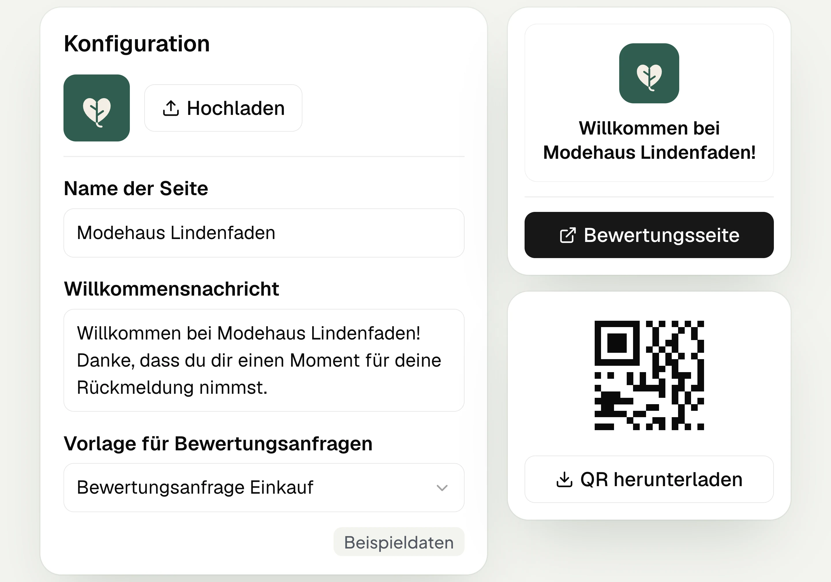 Review page of a fashion store in hellomateo with logo, welcome message, template for review requests and QR code, with sample data