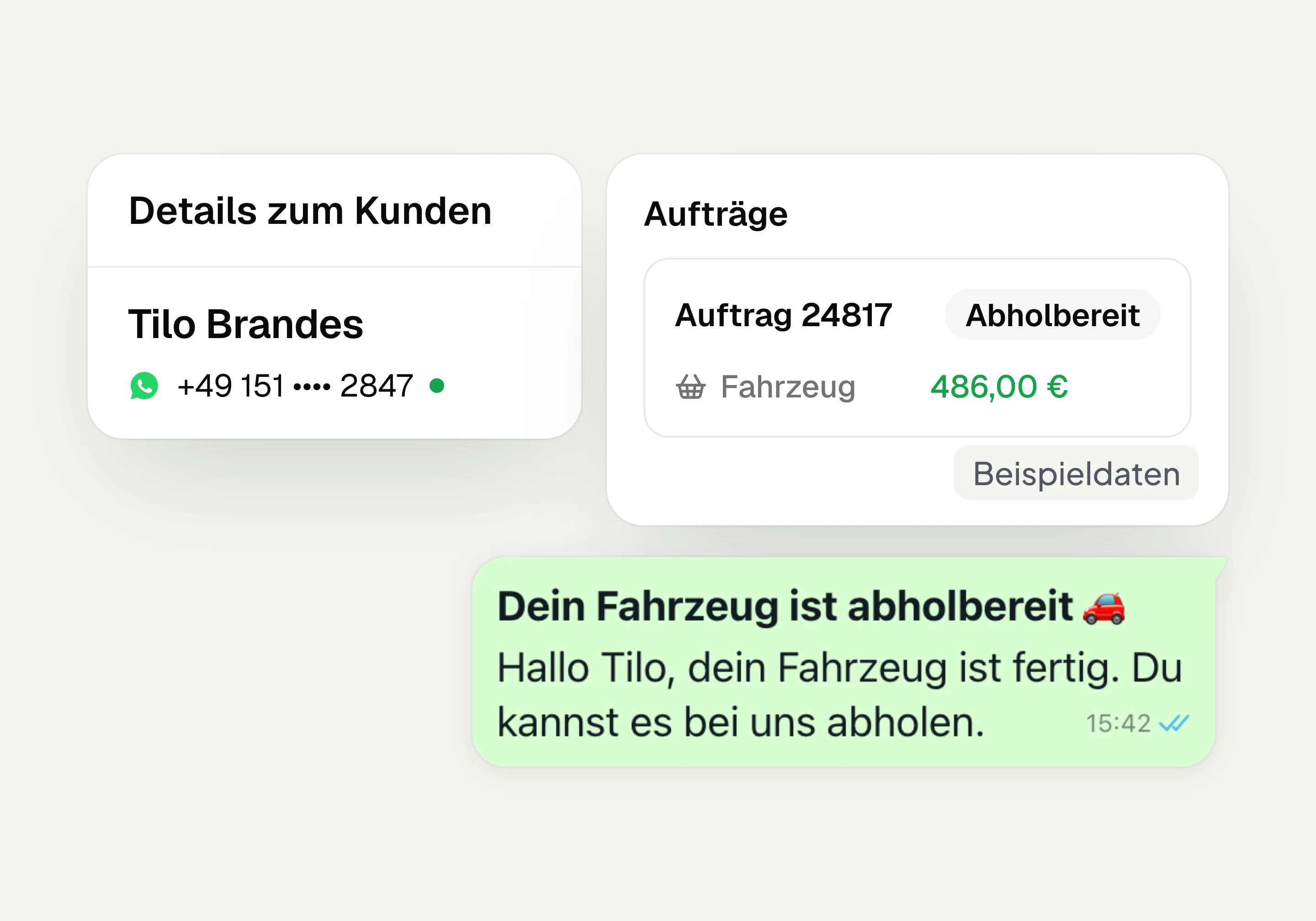 Contact in hellomateo with an order from the industry software and a WhatsApp message about pickup, with sample data