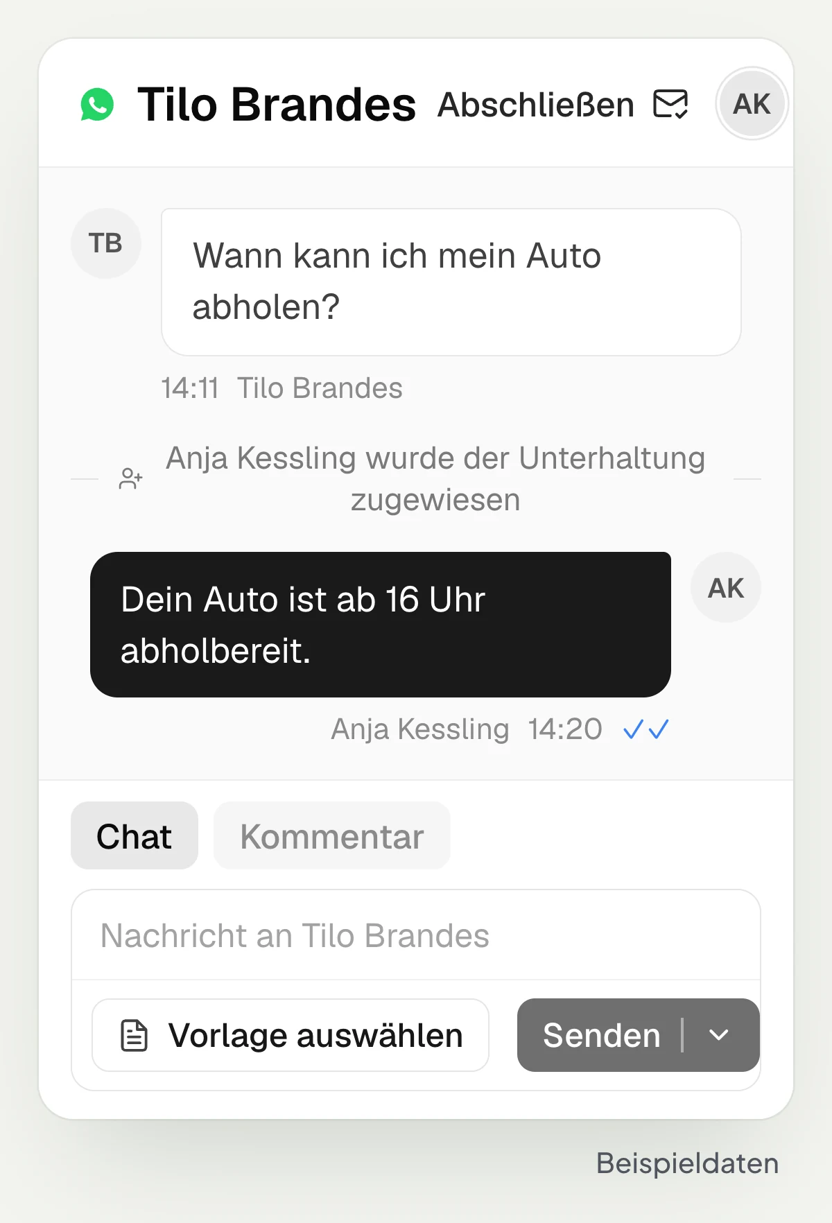 Postfach von hellomateo mit offenen Gesprächen, Zuweisung an eine Mitarbeiterin und Antwort im WhatsApp-Chat, mit Beispieldaten