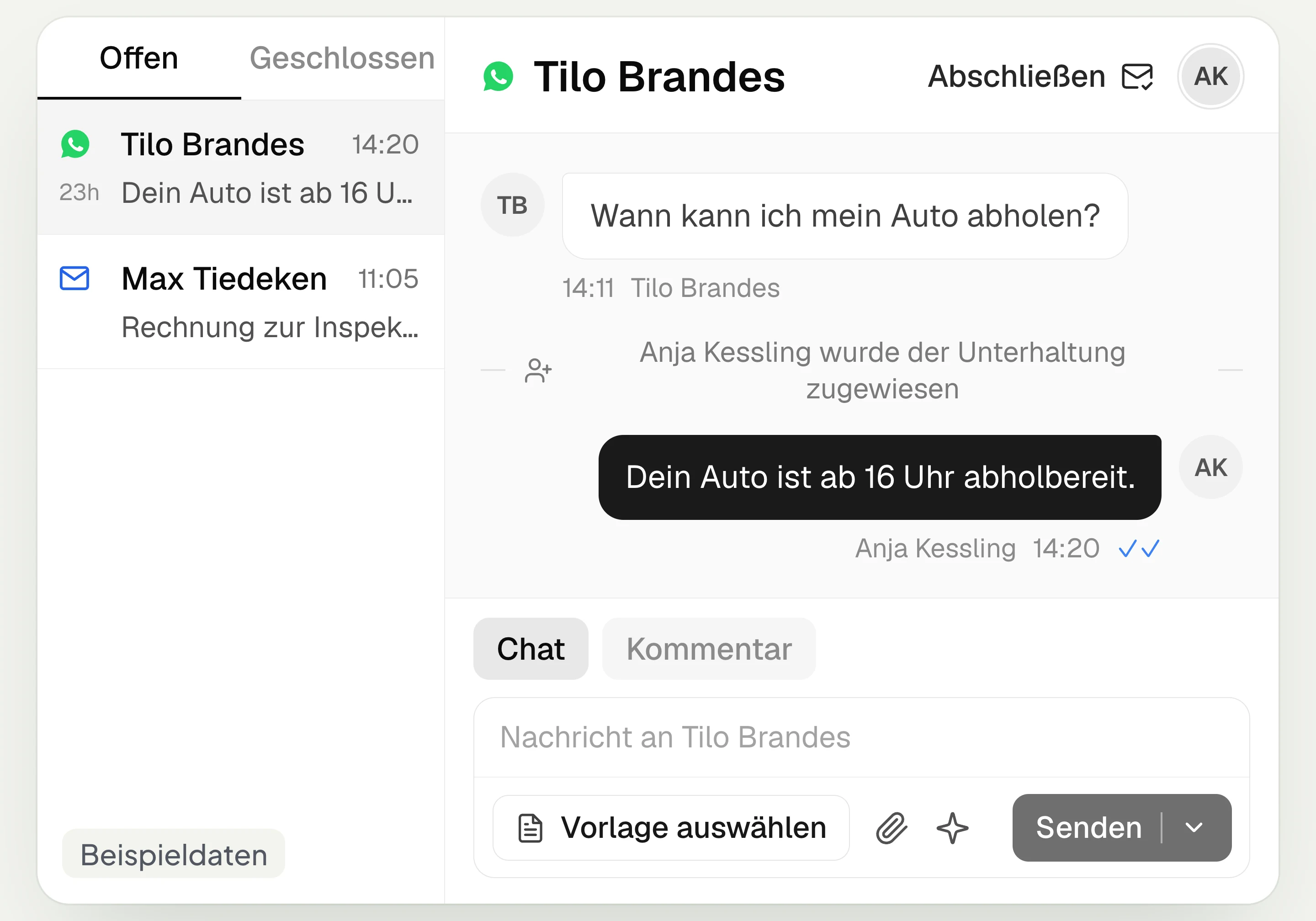 Postfach von hellomateo mit offenen Gesprächen, Zuweisung an eine Mitarbeiterin und Antwort im WhatsApp-Chat, mit Beispieldaten