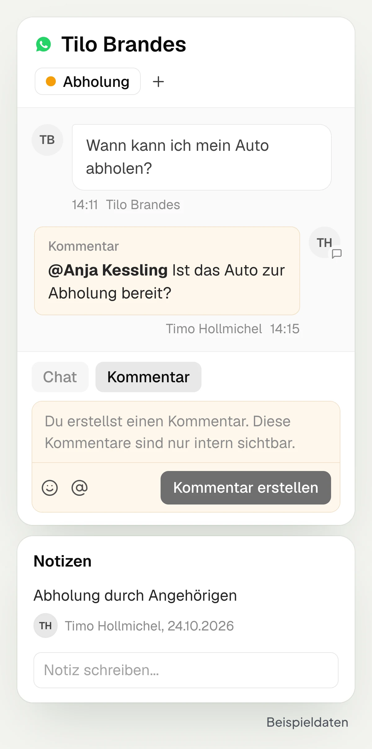 Interner Kommentar mit Erwähnung, Schlagwort Abholung und Notiz am Kontakt im Postfach von hellomateo, mit Beispieldaten