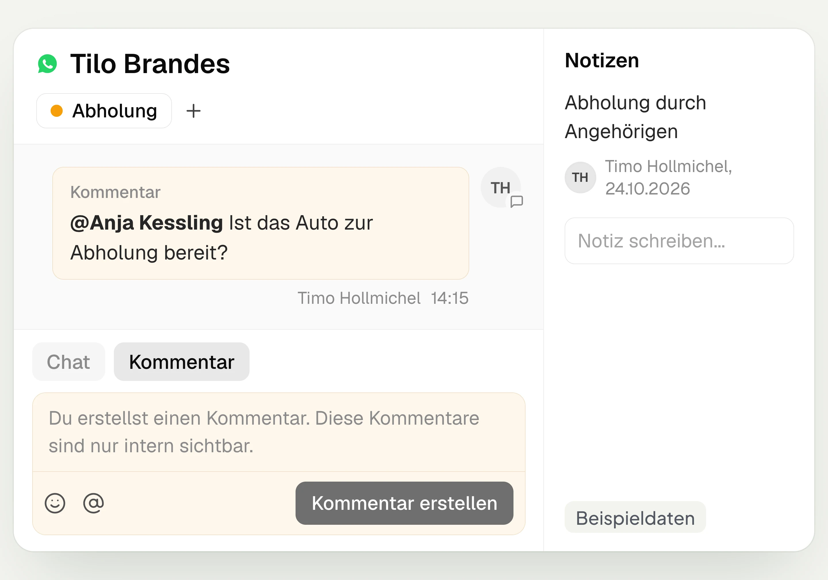 Interner Kommentar mit Erwähnung, Schlagwort Abholung und Notiz am Kontakt im Postfach von hellomateo, mit Beispieldaten