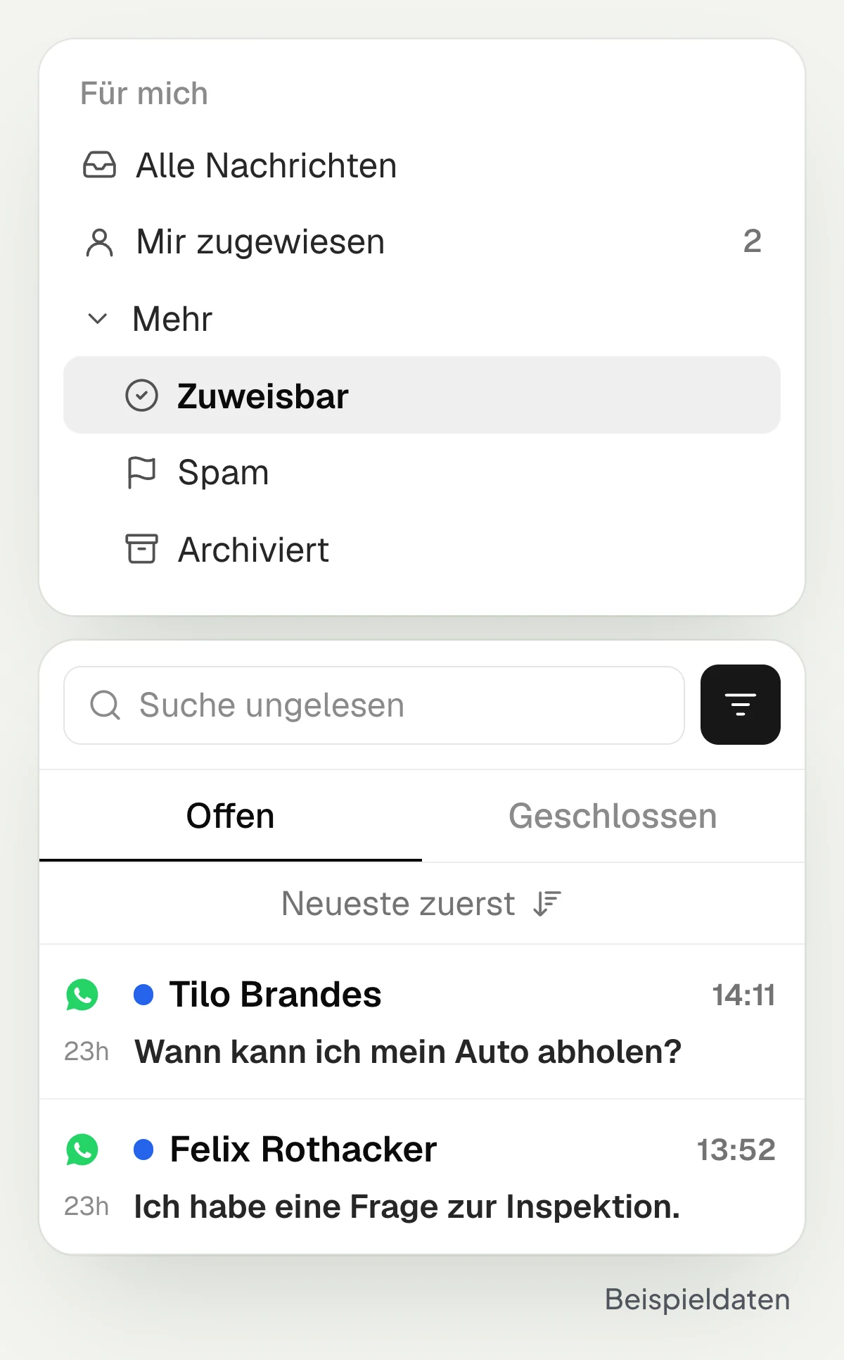 Ordner Zuweisbar und Filter für ungelesene Nachrichten im Postfach von hellomateo, mit Beispieldaten
