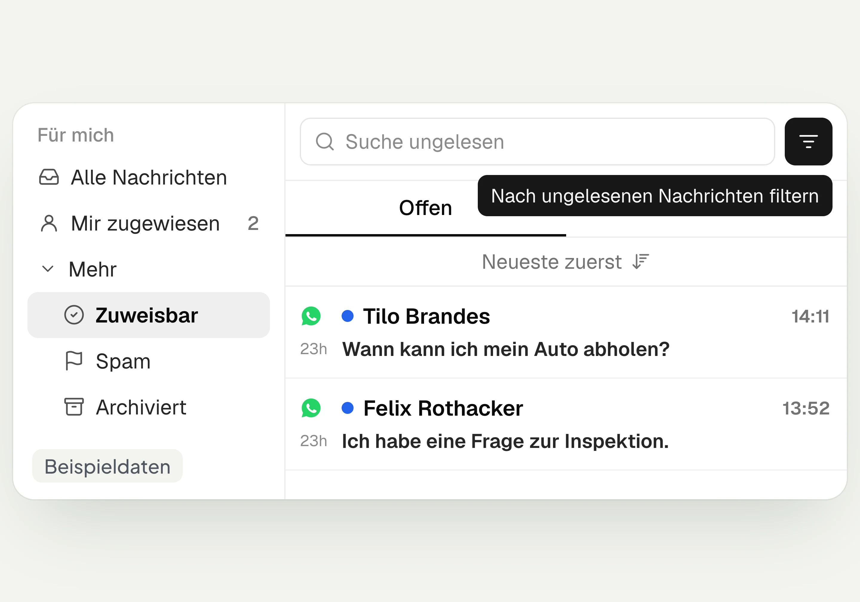 Ordner Zuweisbar und Filter für ungelesene Nachrichten im Postfach von hellomateo, mit Beispieldaten