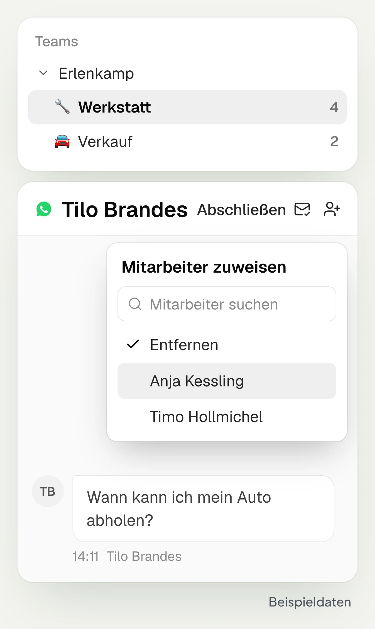 Team-Postfächer Werkstatt und Verkauf in hellomateo und Menü Mitarbeiter zuweisen, mit Beispieldaten