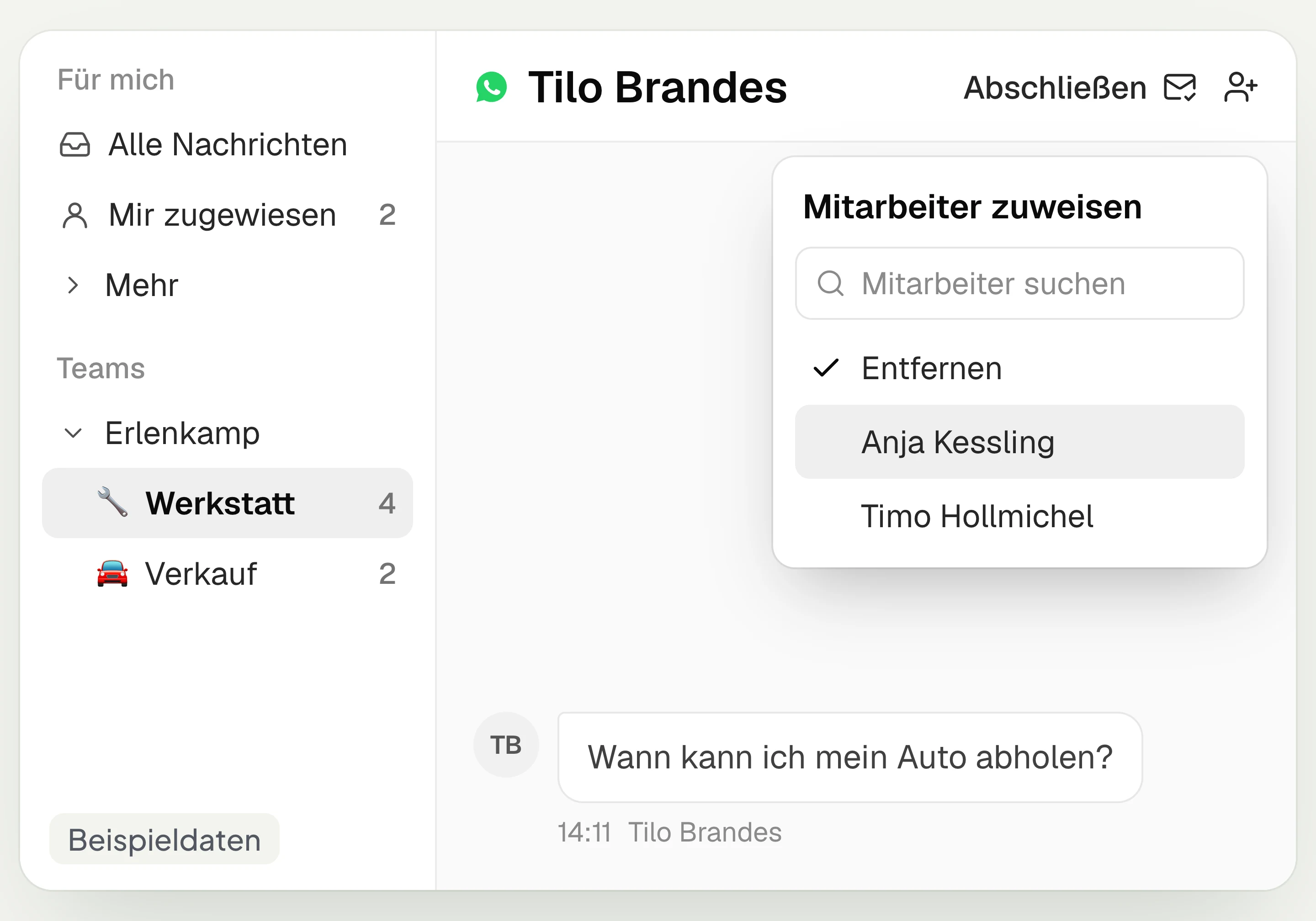 Team-Postfächer Werkstatt und Verkauf in hellomateo und Menü Mitarbeiter zuweisen, mit Beispieldaten