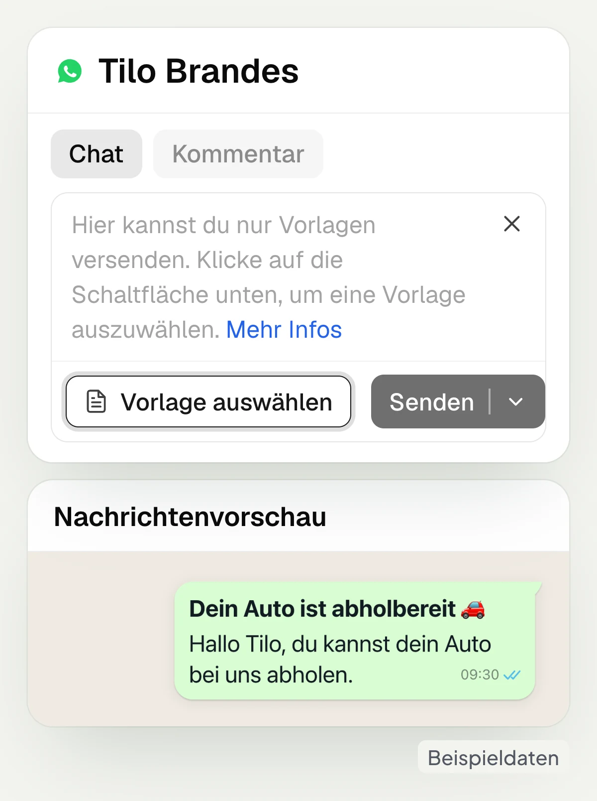 Eingabe außerhalb des 24-Stunden-Fensters mit Vorlage auswählen und Vorschau einer WhatsApp-Vorlage, mit Beispieldaten