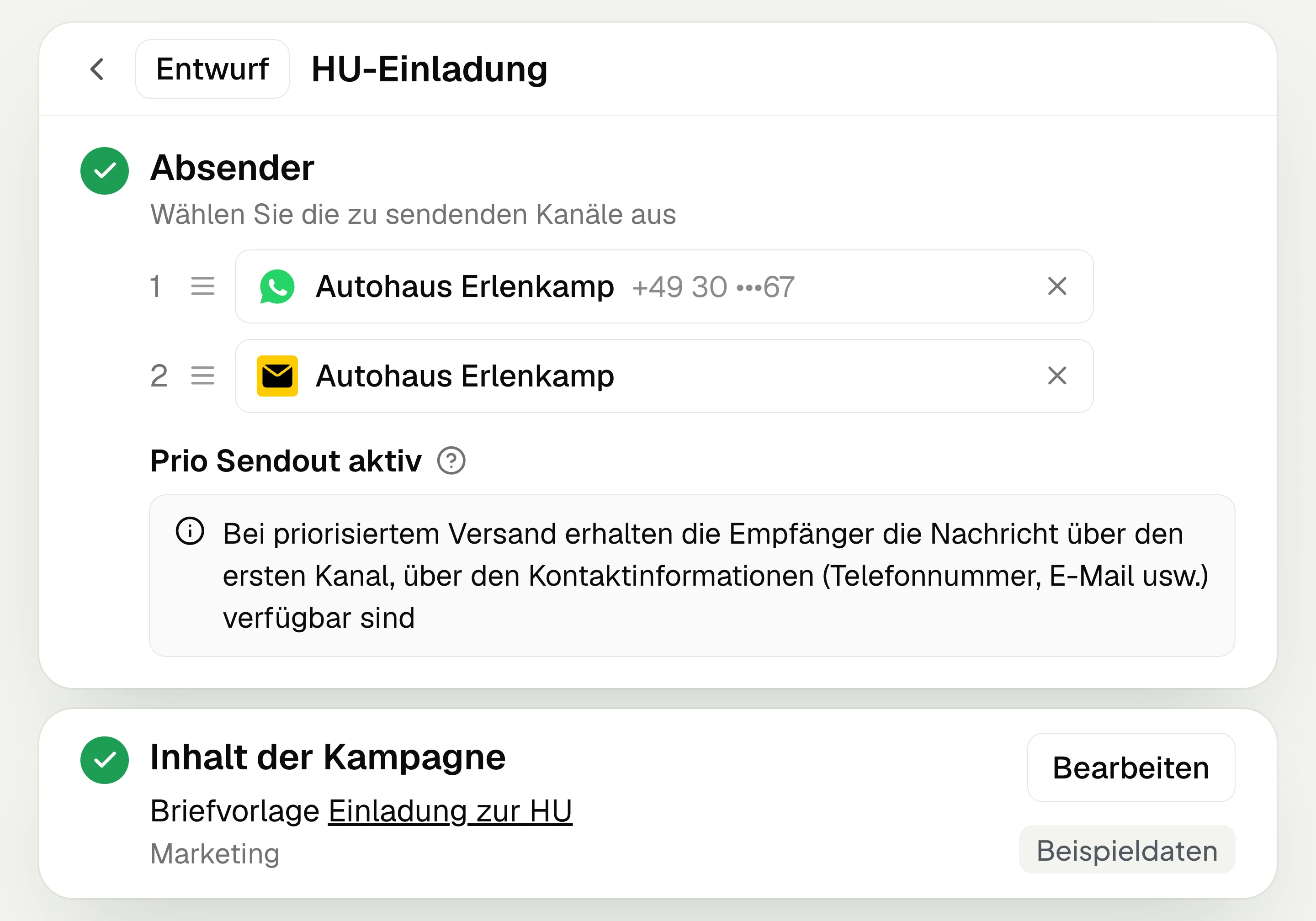 Campaign in hellomateo with sender order: WhatsApp first, then postal, and letter template for the main inspection invitation, with sample data