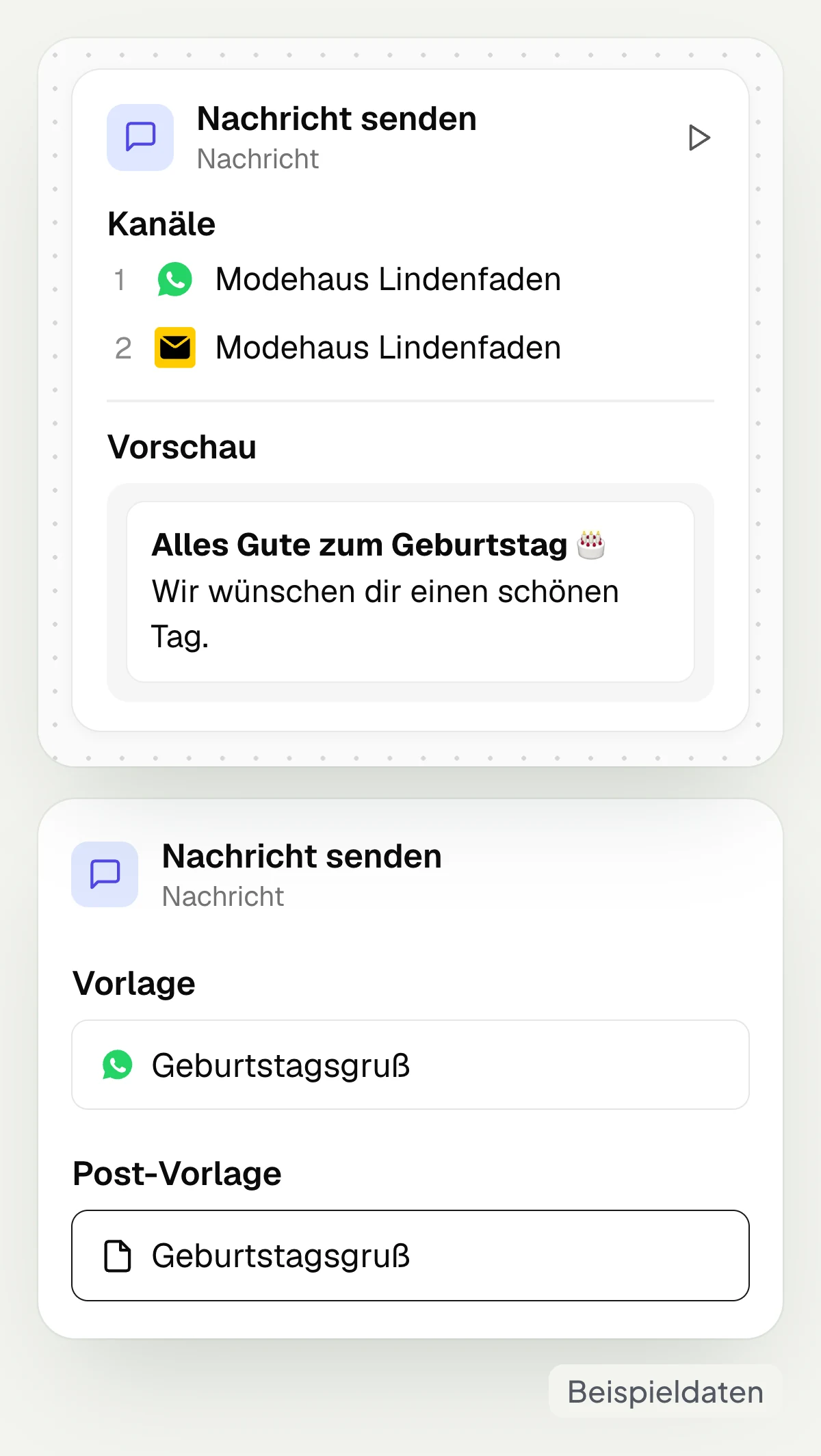 Customer journey birthday greeting with Send a message via WhatsApp and postal plus template and postal template, with sample data