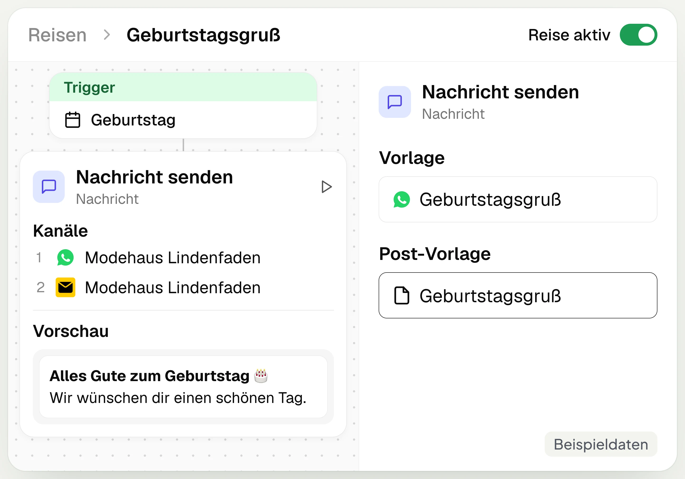 Customer journey birthday greeting with Send a message via WhatsApp and postal plus template and postal template, with sample data