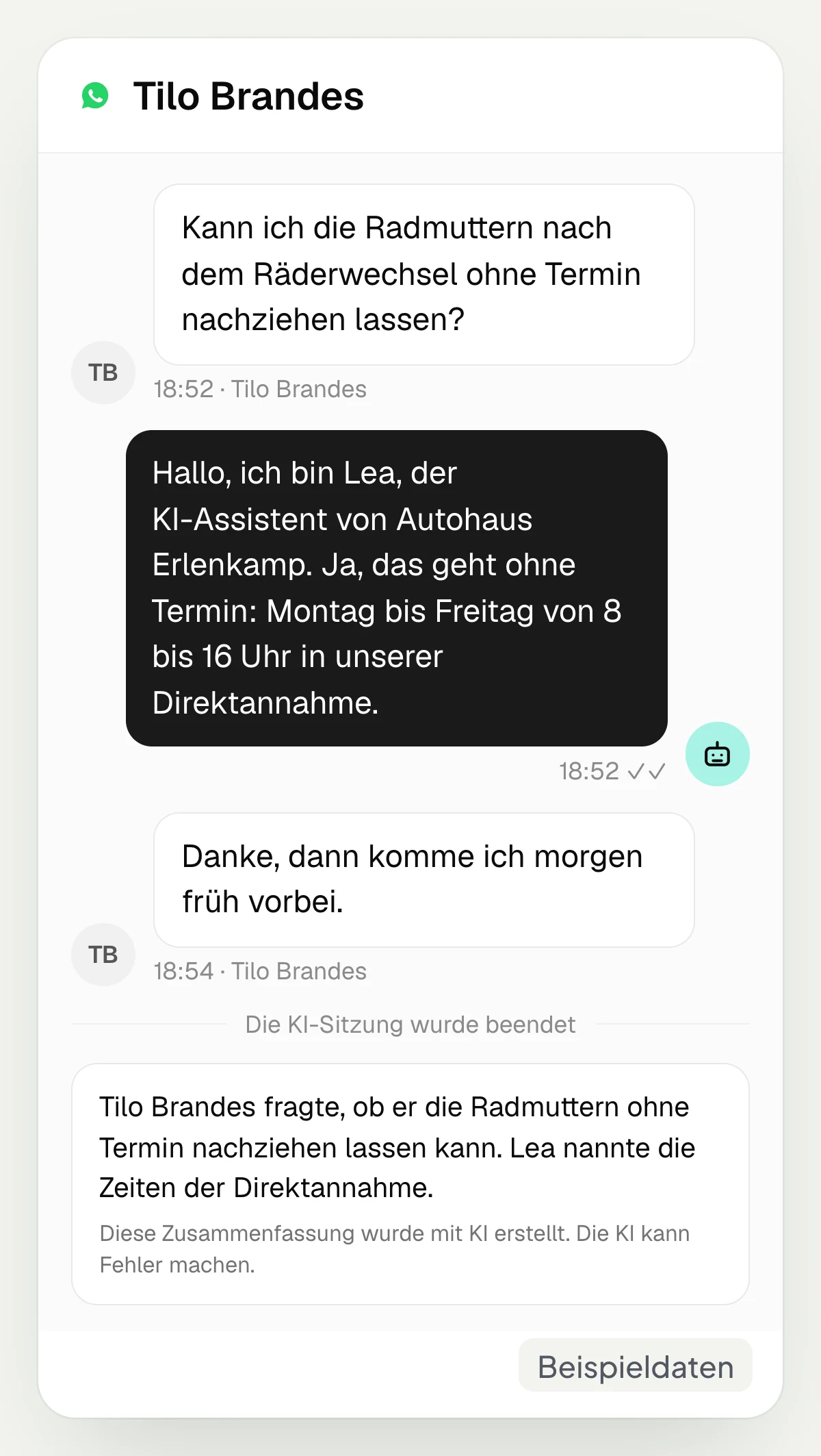 hellomateo inbox: The AI assistant answers a WhatsApp question about retightening the wheel nuts, followed by the summary of the AI session, with sample data