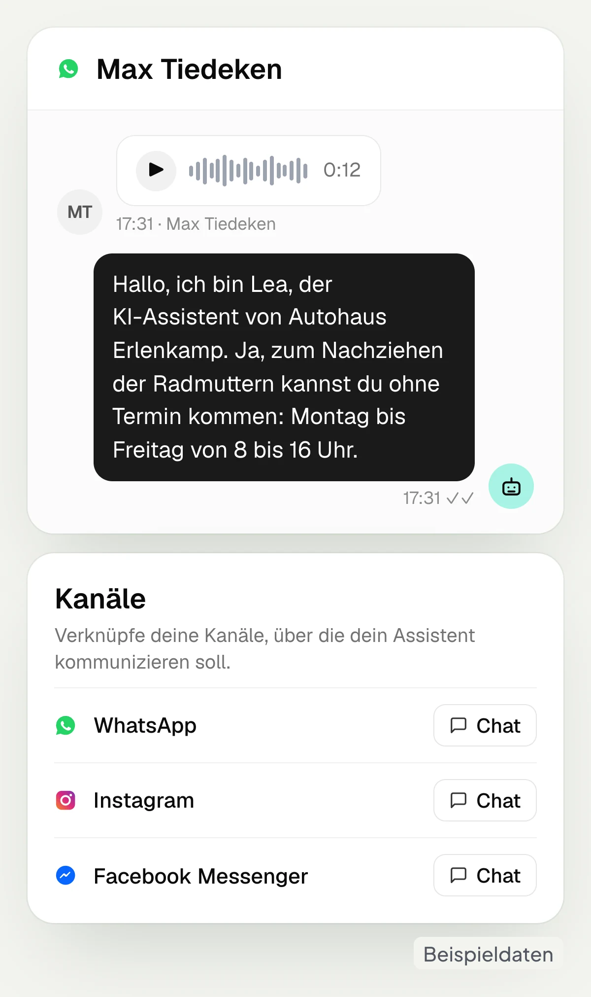 The AI assistant answers a voice message in WhatsApp; connected channels WhatsApp, Instagram and Facebook Messenger, with sample data