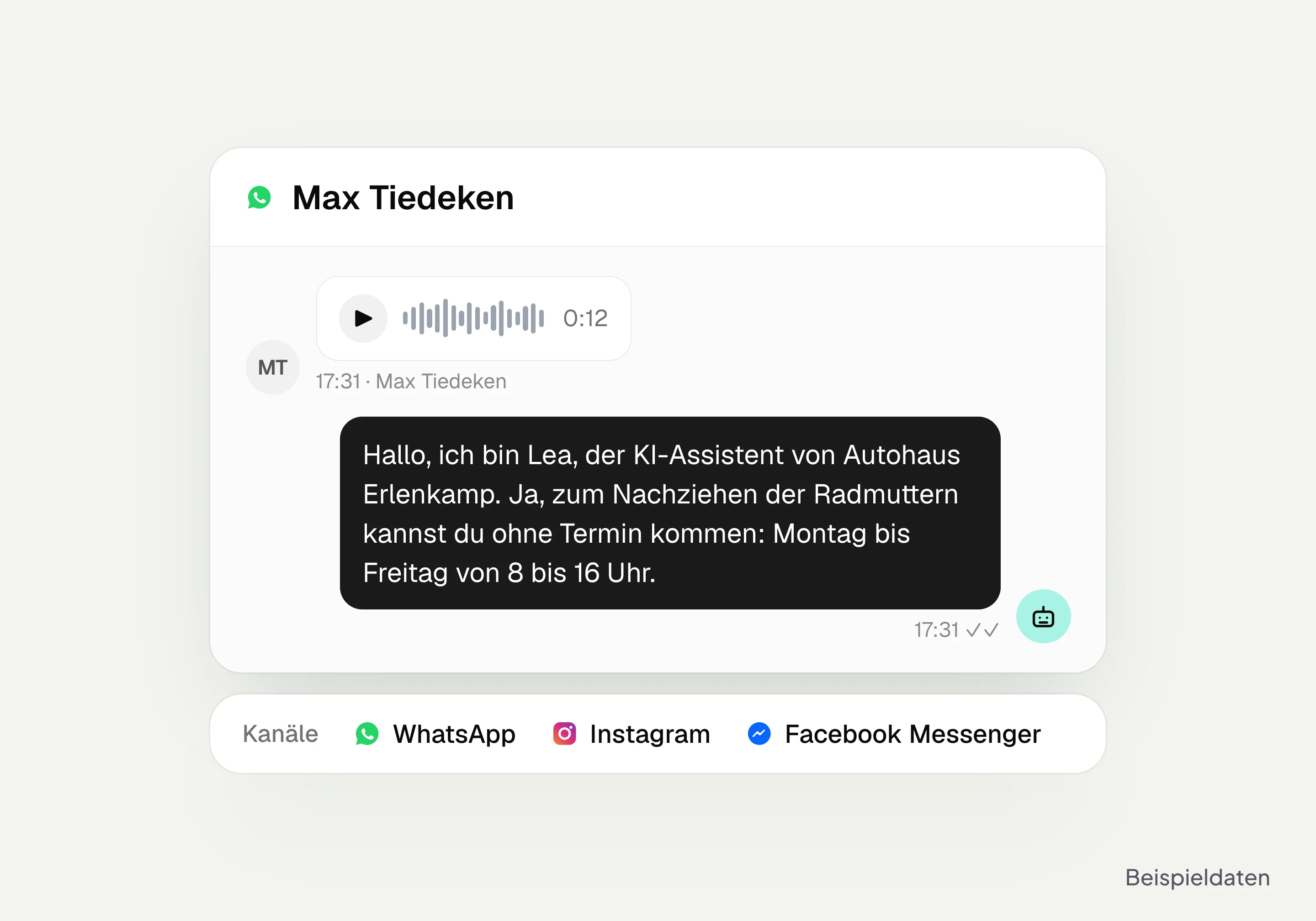 The AI assistant answers a voice message in WhatsApp; connected channels WhatsApp, Instagram and Facebook Messenger, with sample data