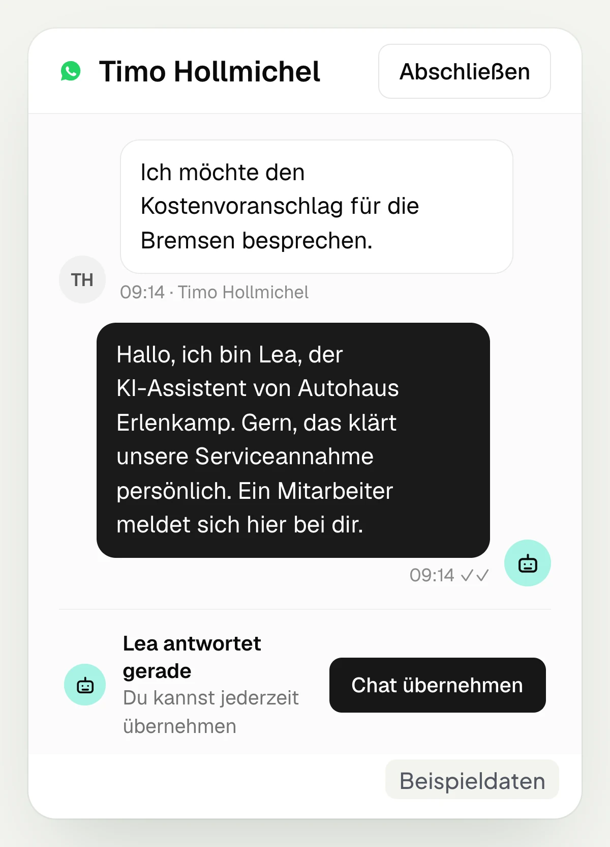 hellomateo inbox: The AI assistant announces a staff member, below it the Takeover chat button, with sample data