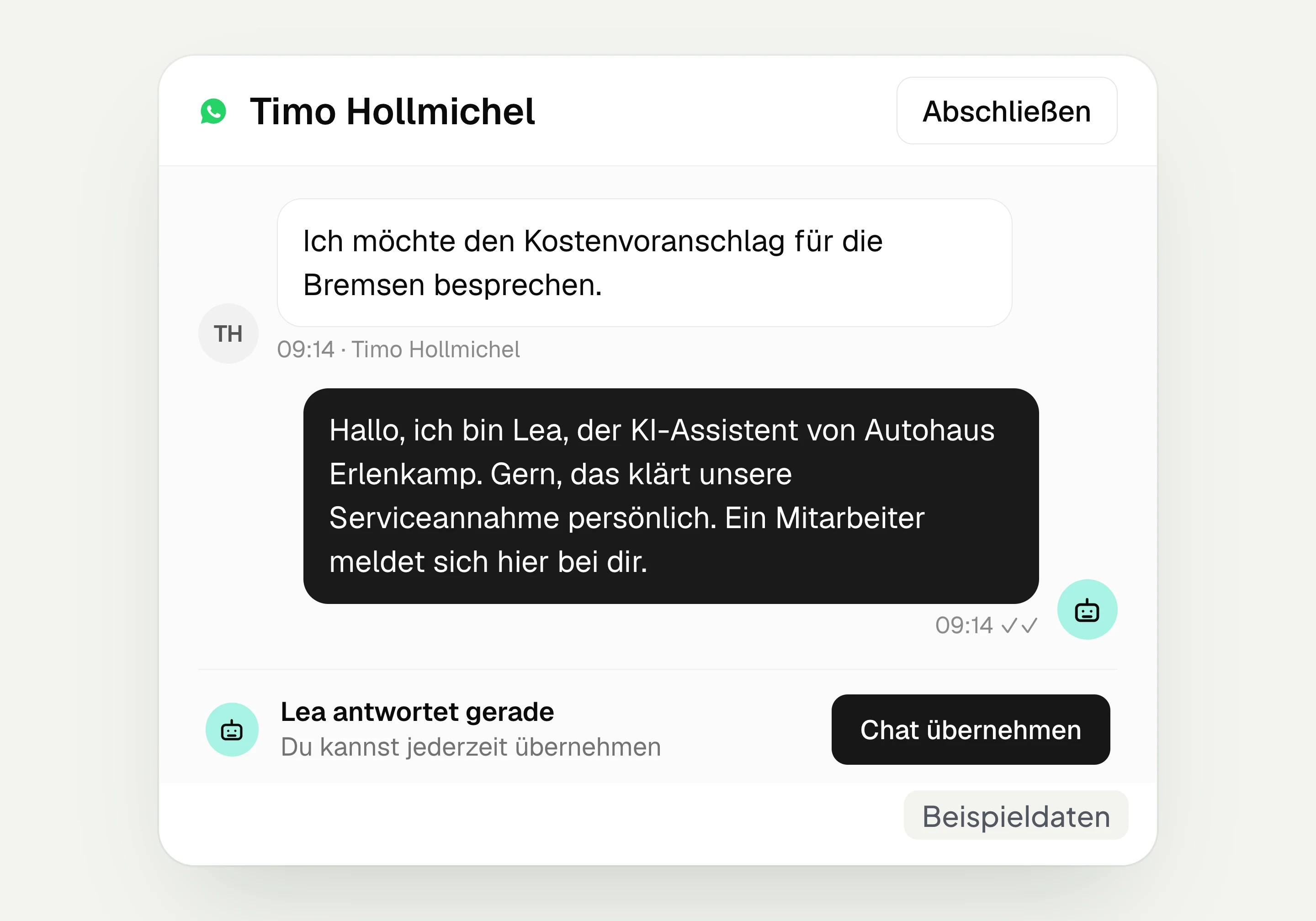 hellomateo inbox: The AI assistant announces a staff member, below it the Takeover chat button, with sample data