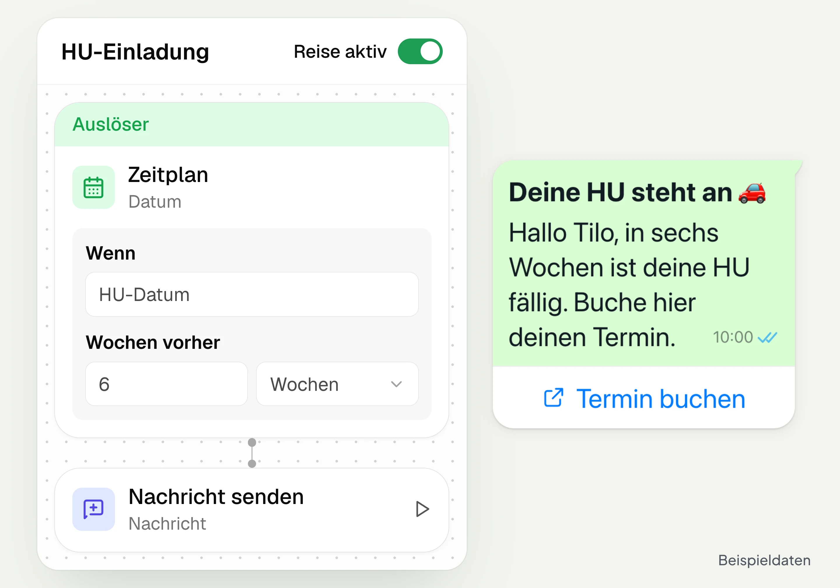 Customer journey for the main inspection (HU) invitation in hellomateo with the Schedule trigger six weeks before the main inspection date and a WhatsApp invitation with the Book appointment button, with sample data