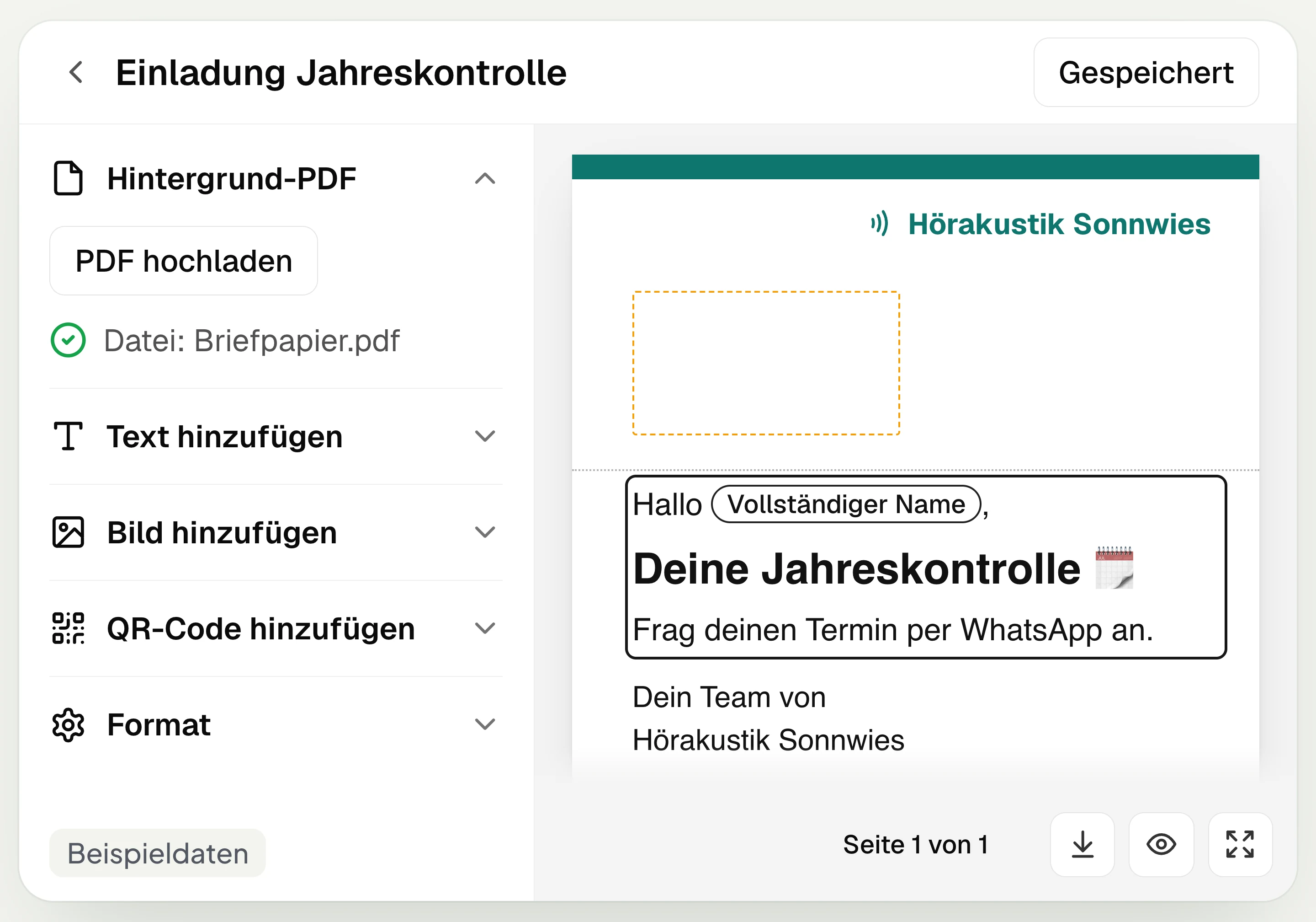 Letter template in the hellomateo editor: invitation to the annual check-up of a hearing care business as an A4 letter with background PDF and WhatsApp QR code, with sample data