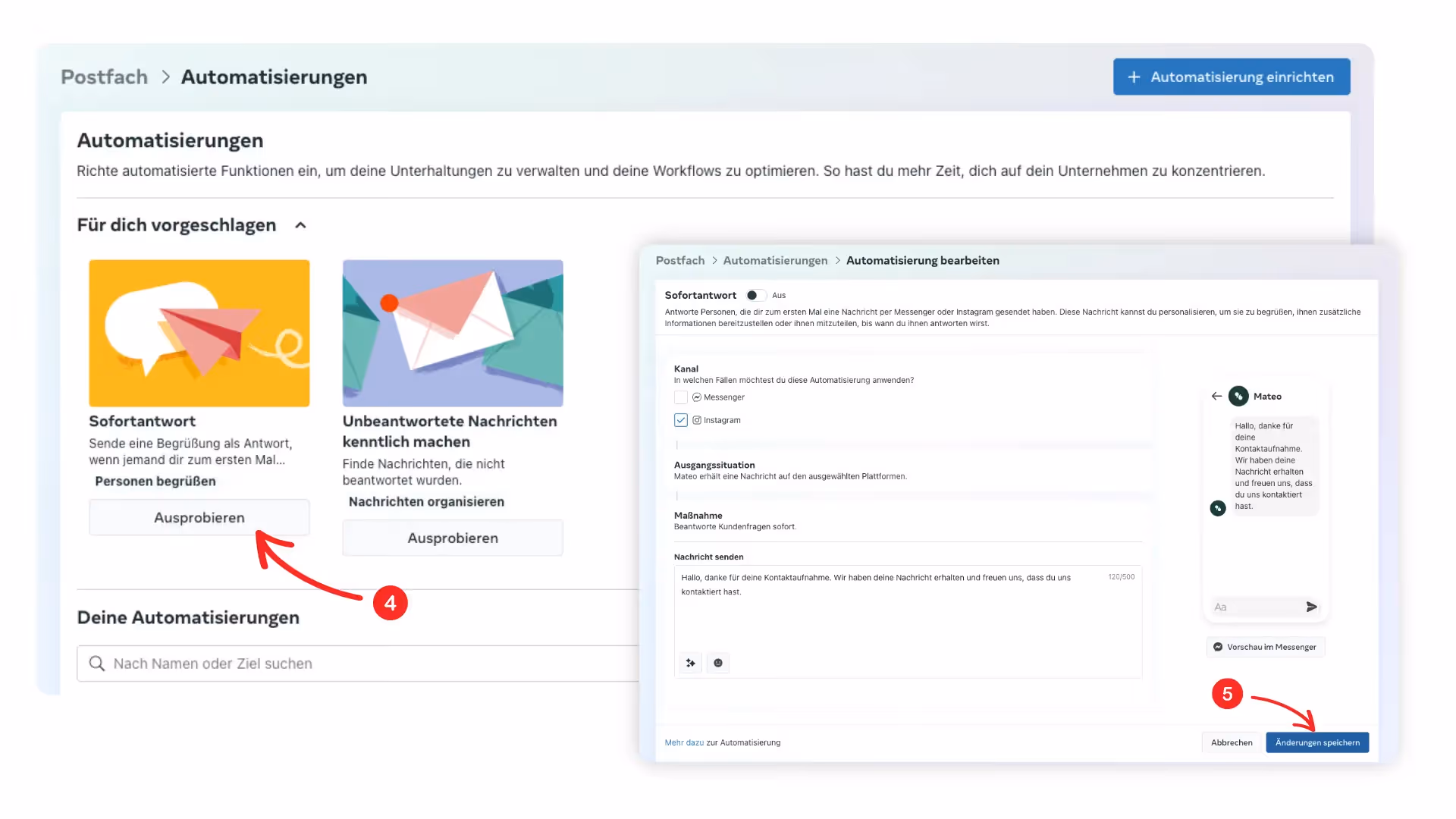 Schritt 4-5 der Einrichtung von automatischen Antworten auf Instagram
