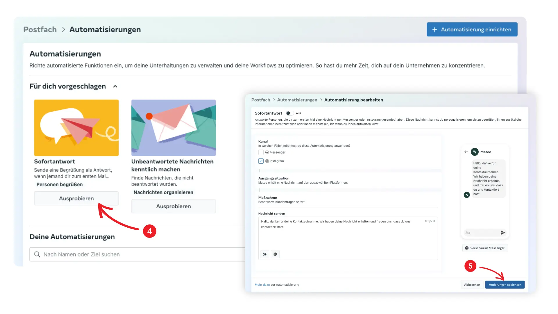 Schritt 4-5 der Einrichtung von automatischen Antworten auf Instagram