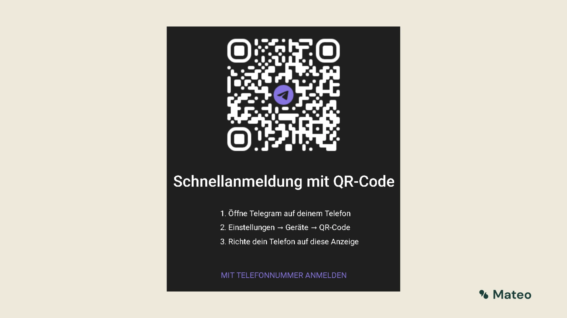 Screenshot: Telegram Web Anmeldung per QR-Code mit Schrittanleitung und Option zur Anmeldung per Telefonnummer
