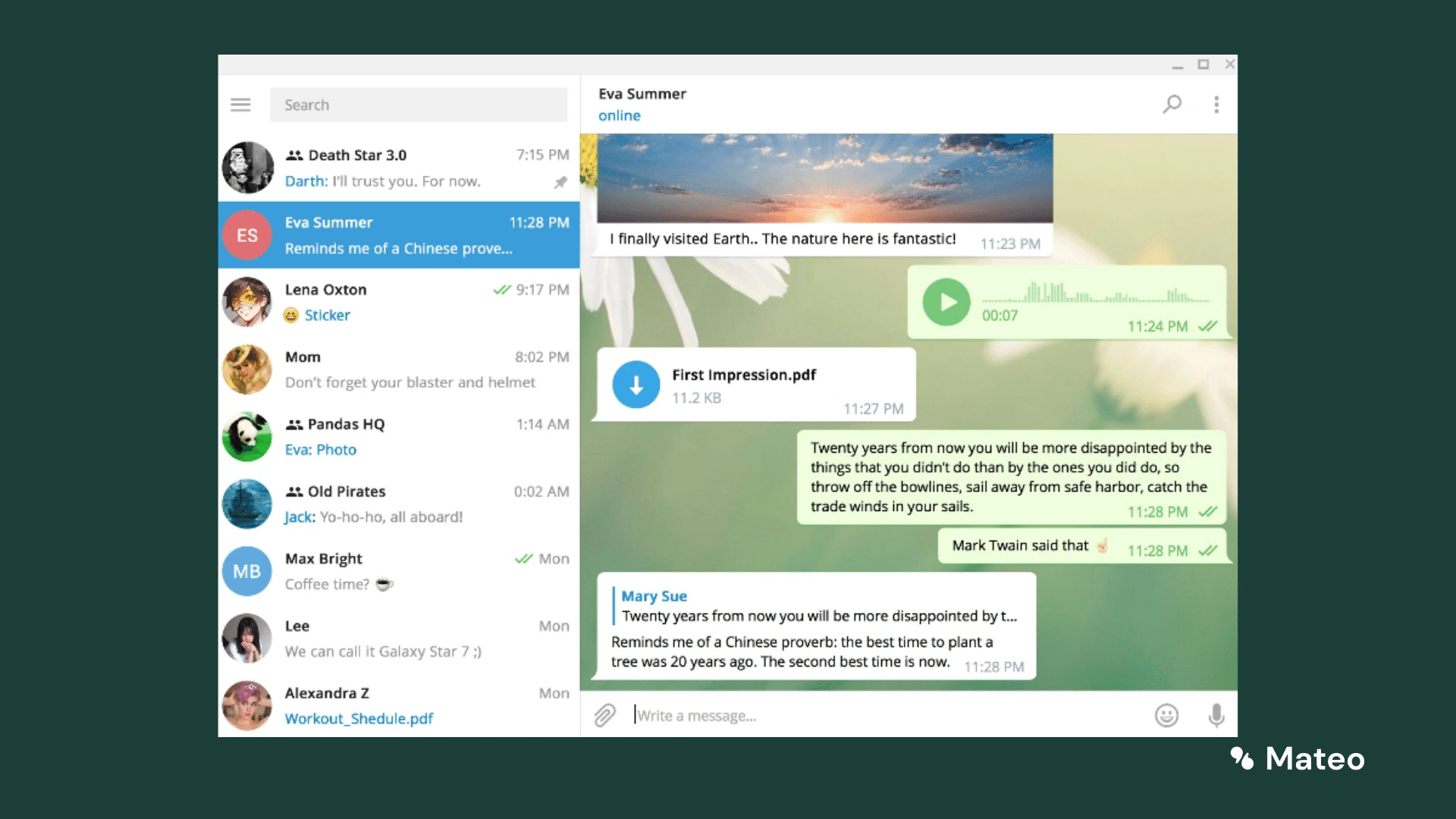 Screenshot: Telegram Desktop-Anwendung mit Chatliste links und geöffnetem Chatverlauf rechts