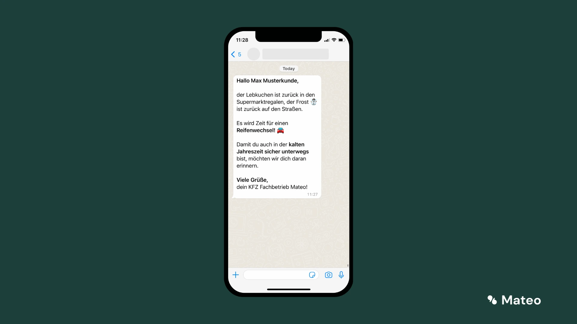 Screenshot: WhatsApp message from a car workshop inviting a customer to book a tyre change before winter