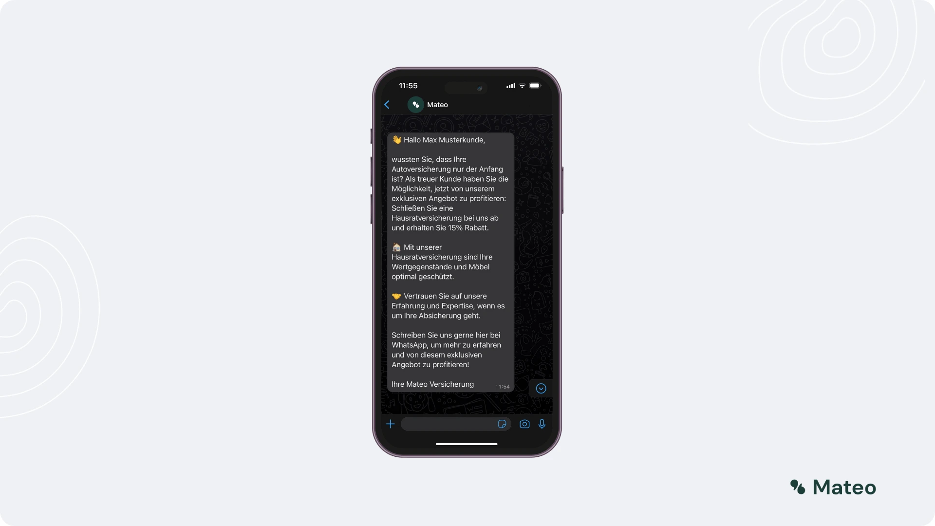 WhatsApp newsletter from an insurance company offering existing customers home contents insurance