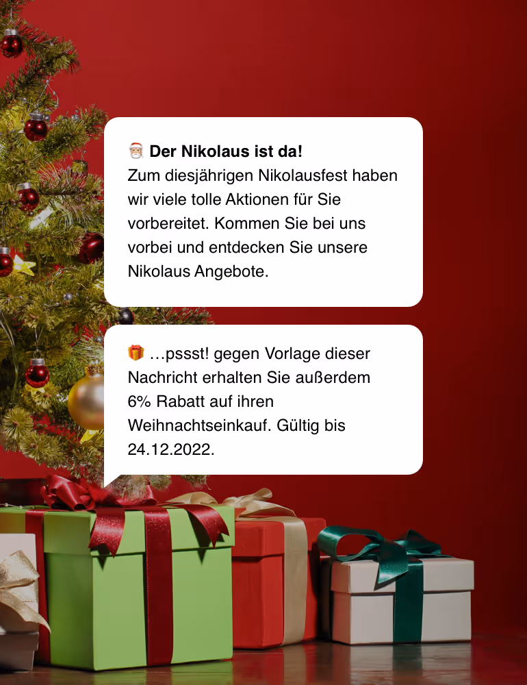 WhatsApp Newsletter Vorlage für eine Nikolaus Gutscheinaktion.